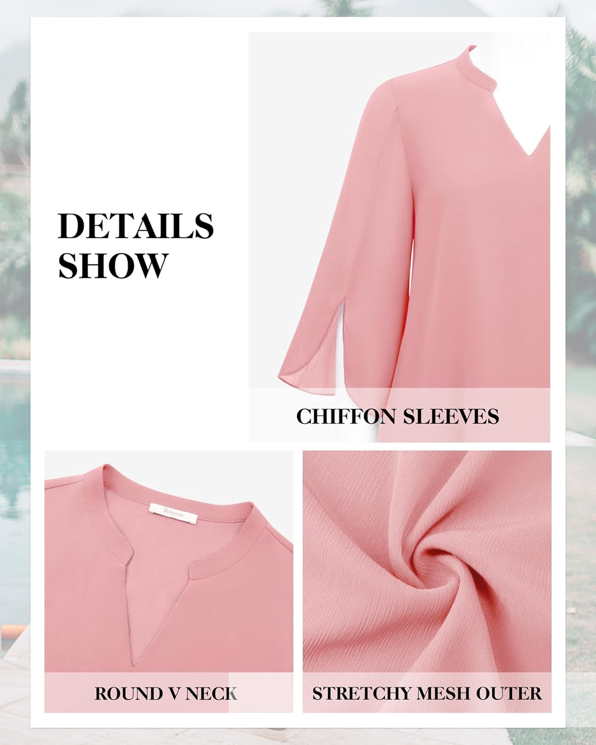 Thumbnail 5 de Bebonnie Women's Dressy Casual Ruffle 3/4 Sleeve V-Neck Chiffon Blouse
