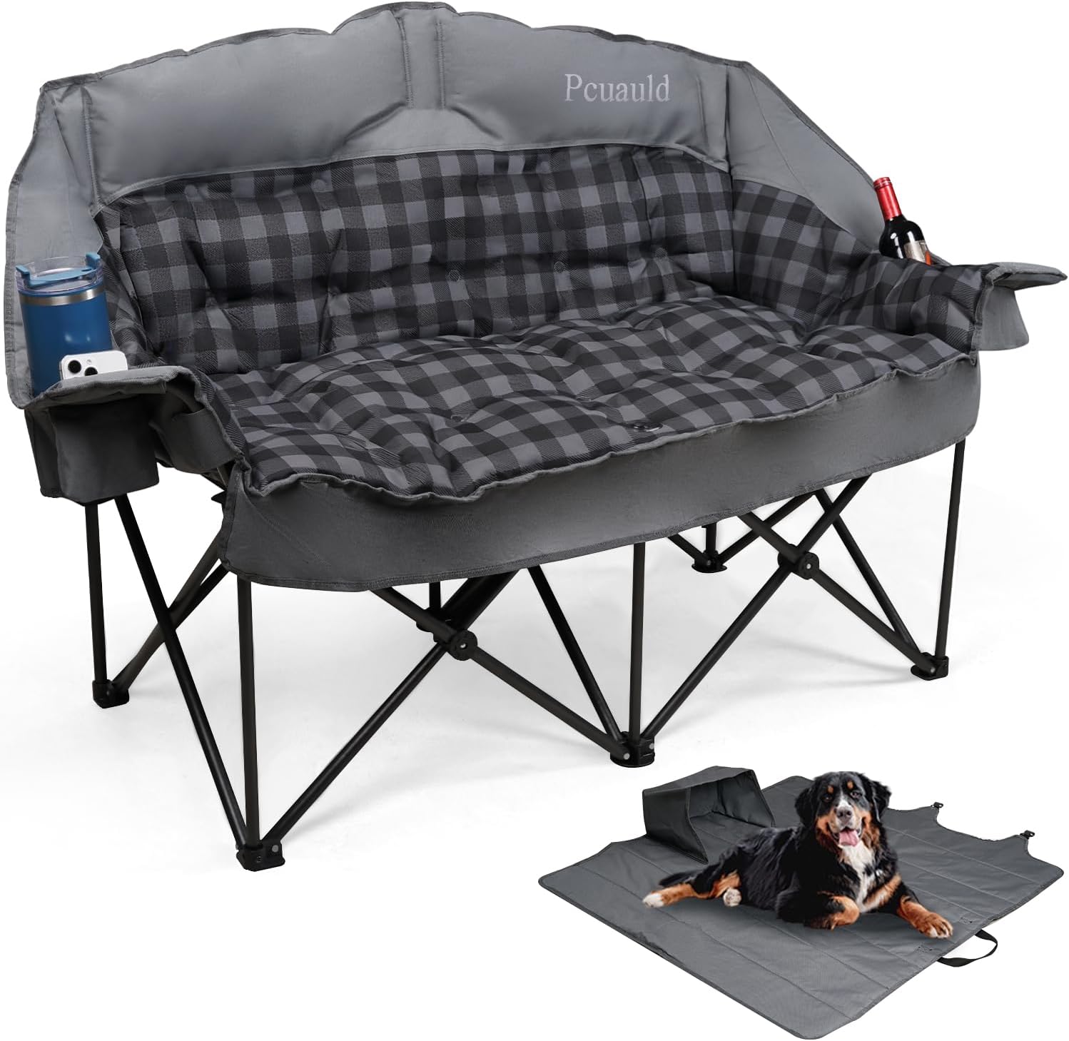 Gray Double Camping Chair Loveseat Couch with Cup Holders and 2-in-1 Carry Bag