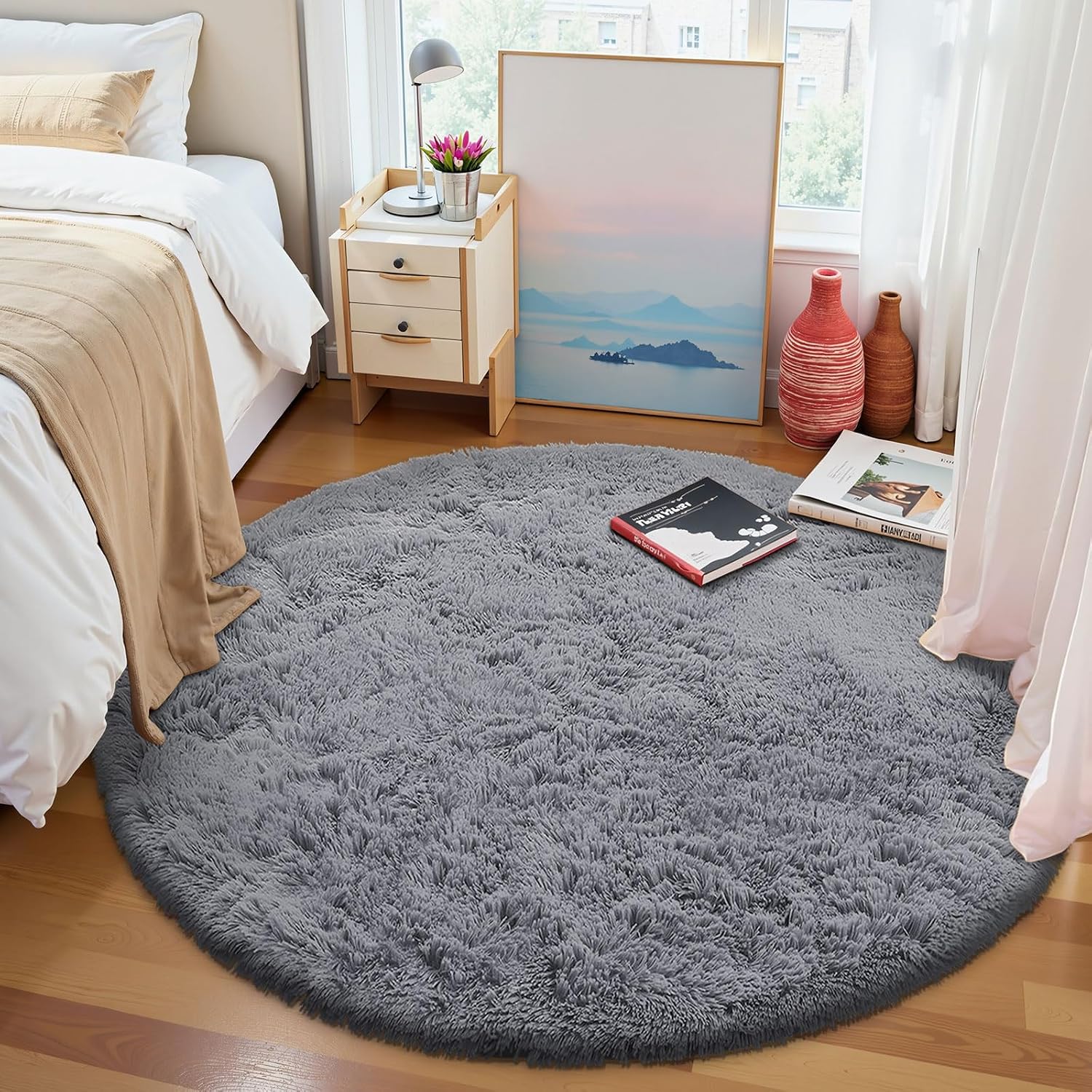 Detalle 1 de Homaxy Hochflor Teppich 200 cm rund, grau