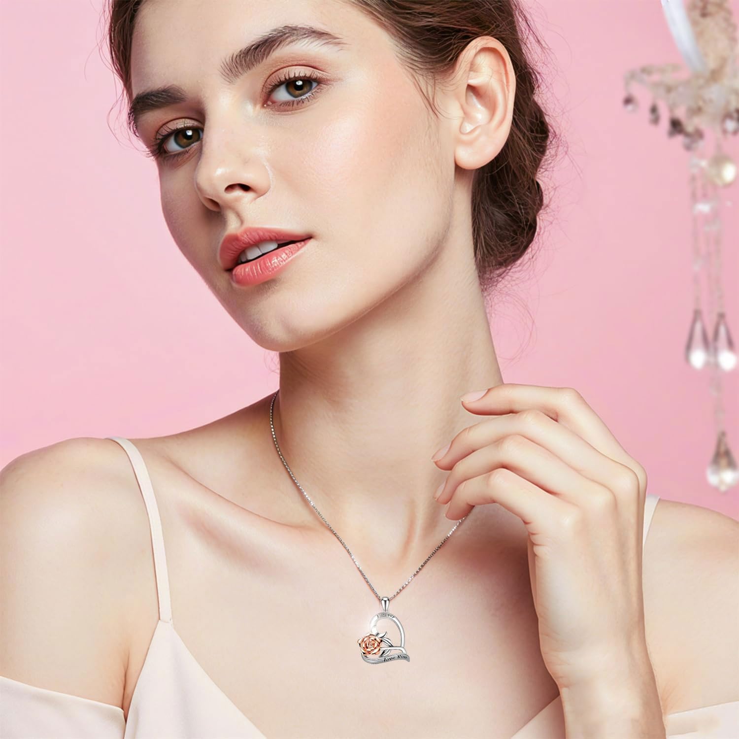 Thumbnail 4 de SWEETIME 925 Sterling Silber Halskette Damen mit Rosenherz-Anhänger – Forever & Love You Gravur, 45 cm
