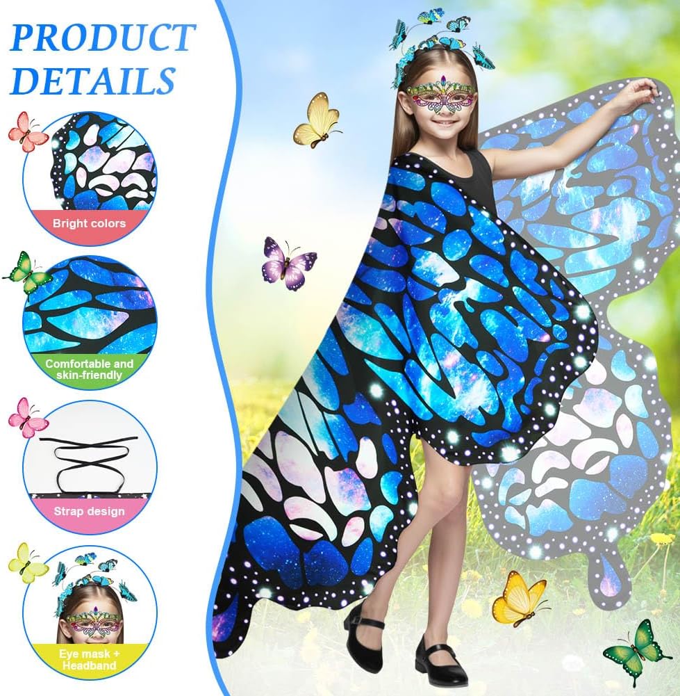 Detalle de AUYAO Costume da Farfalla per Bambini – Mantello con Ali, Maschera, Fascia e Adesivi (4 pezzi)