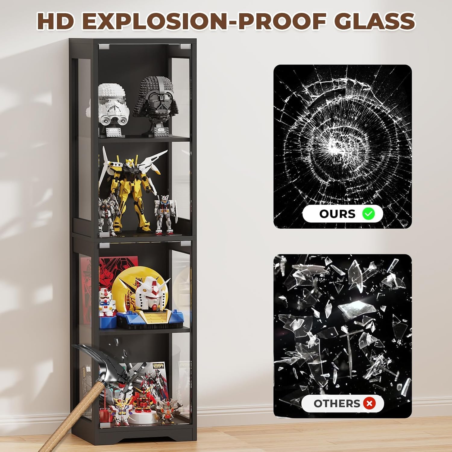 Thumbnail 4 de BROTTAR Glasvitrine mit dreifarbiger LED-Beleuchtung, Glastüren und Körpersensor-System (40 x 35 x 160 cm) – Schwarz