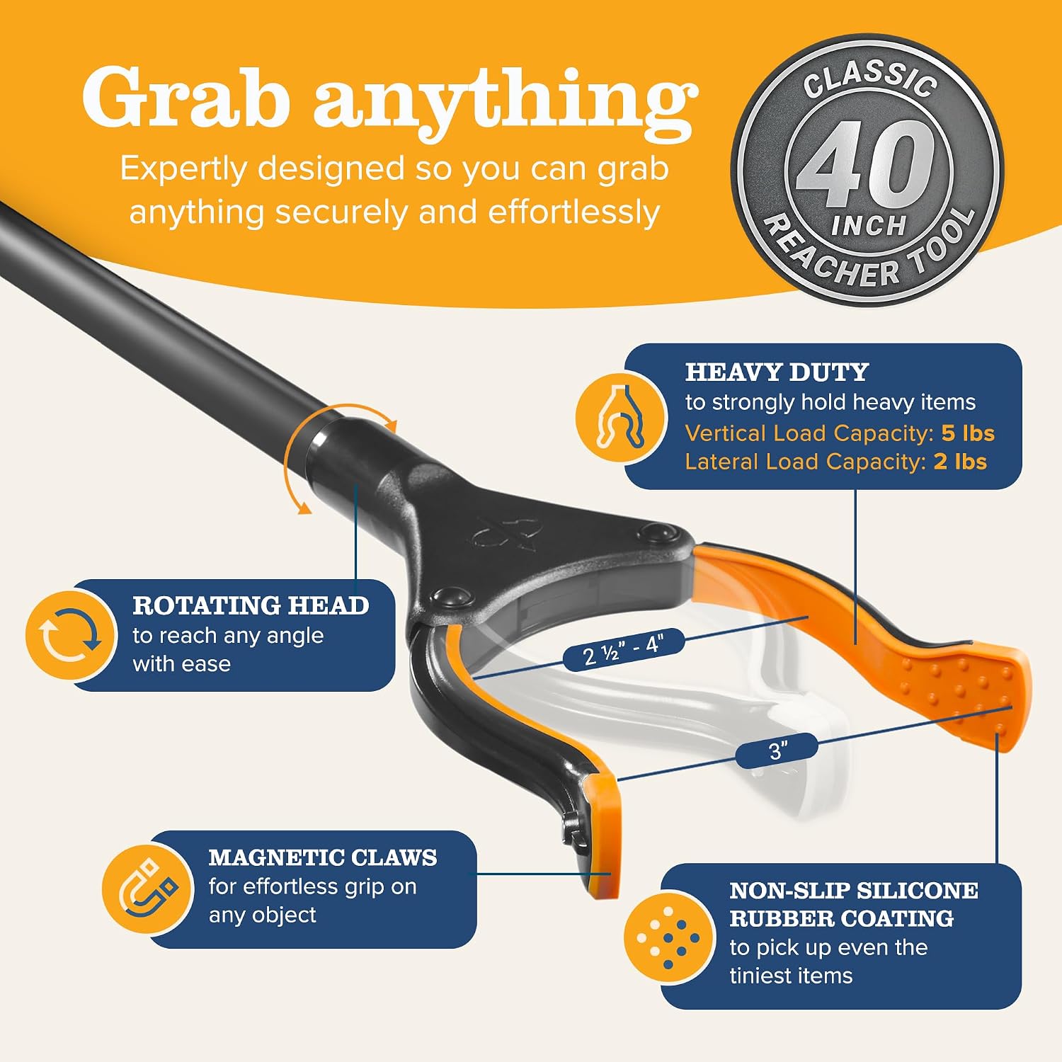 Detalle de EZPIK Classic EZ401-B 40-Inch Folding Grabber Reacher, 360° Head, Dual Magnets, 2-Pack