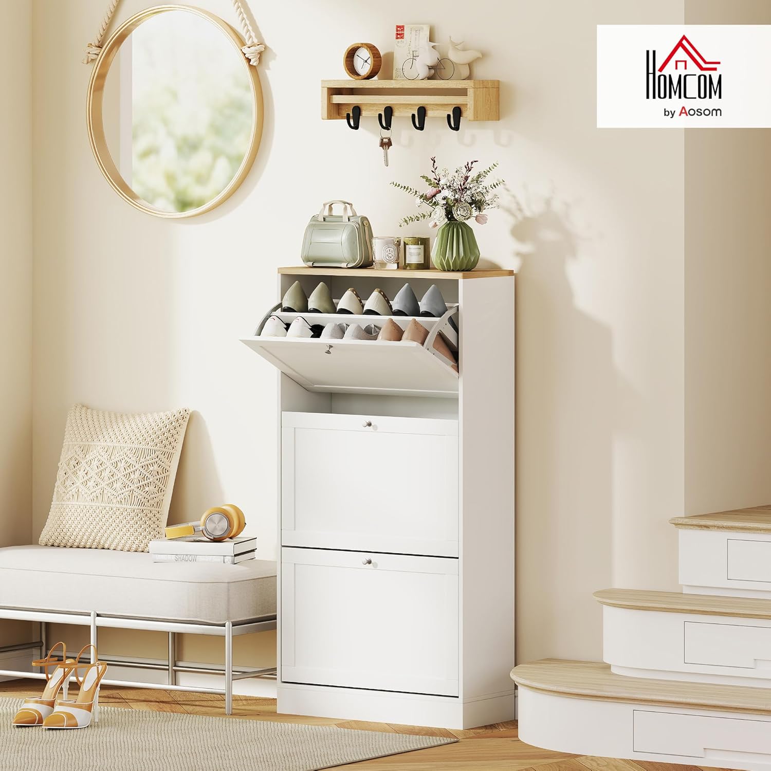 Thumbnail 1 de HOMCOM Meuble à Chaussures 18 Paires – Armoire étroite, 3 tiroirs rabattables et étagères réglables, 60 × 23,5 × 115 cm, Blanc