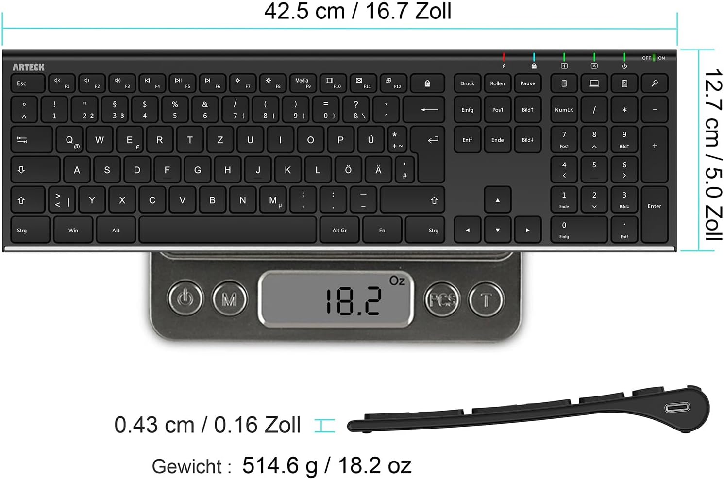 Thumbnail 5 de Arteck kabellose Tastatur QWERTZ Edelstahl 2,4 GHz