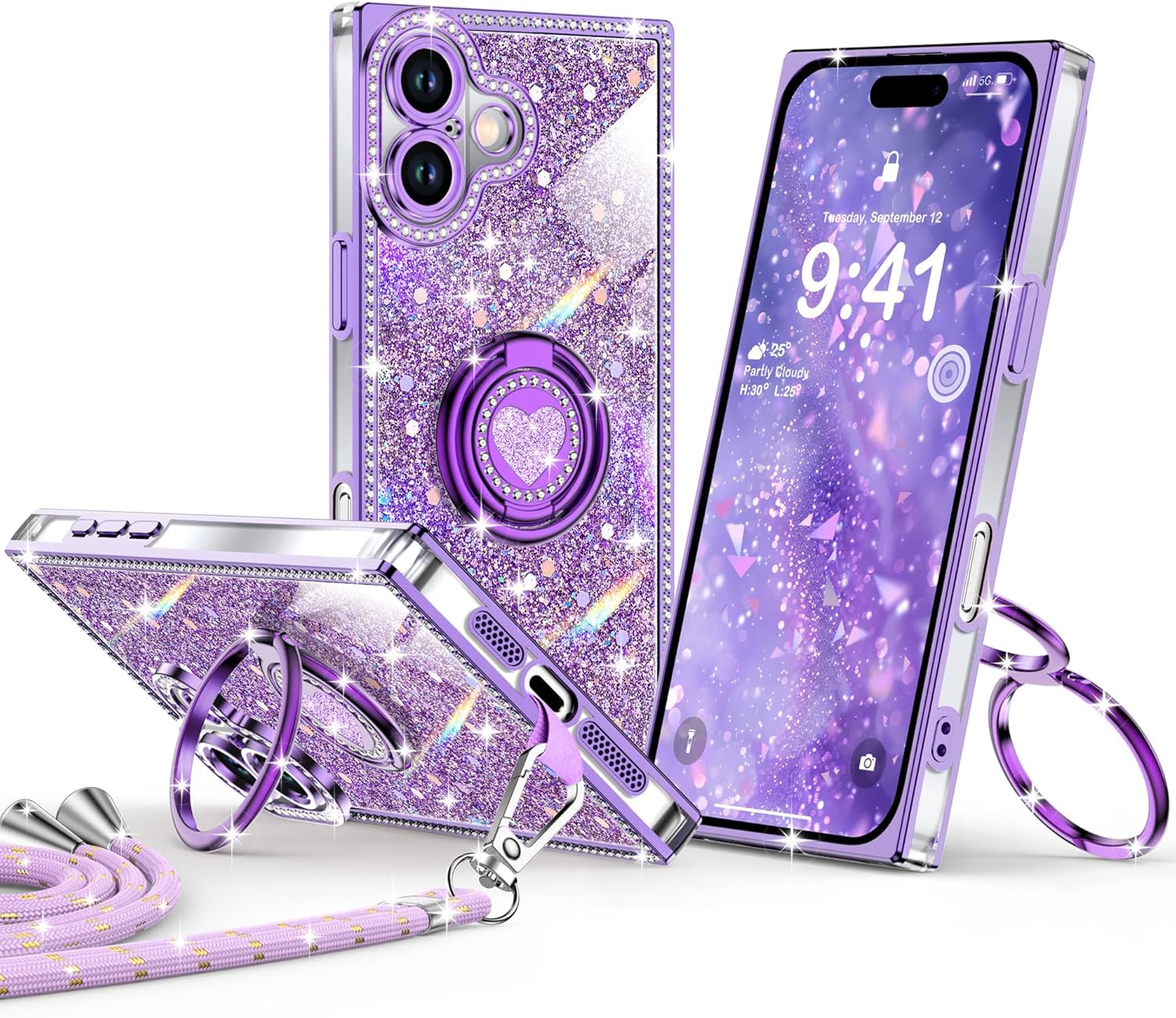 Detalle de XYZ for iPhone 17 Case with Glitter Bling, 2-Way Ring Stand & Lanyard — Purple