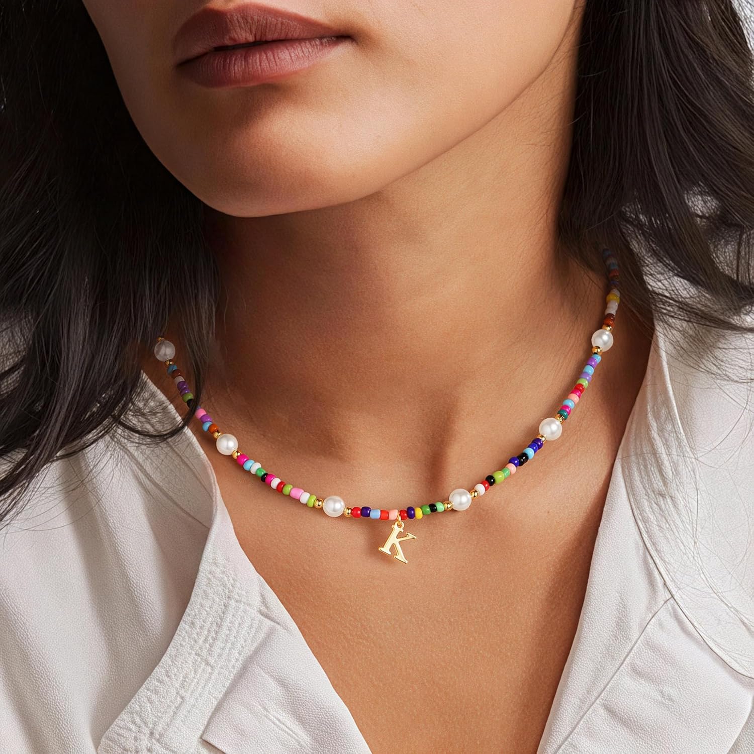 Thumbnail 1 de TINGN Bunte Perlenkette für Frauen und Mädchen – handgefertigte Initialkette mit bunten Perlen