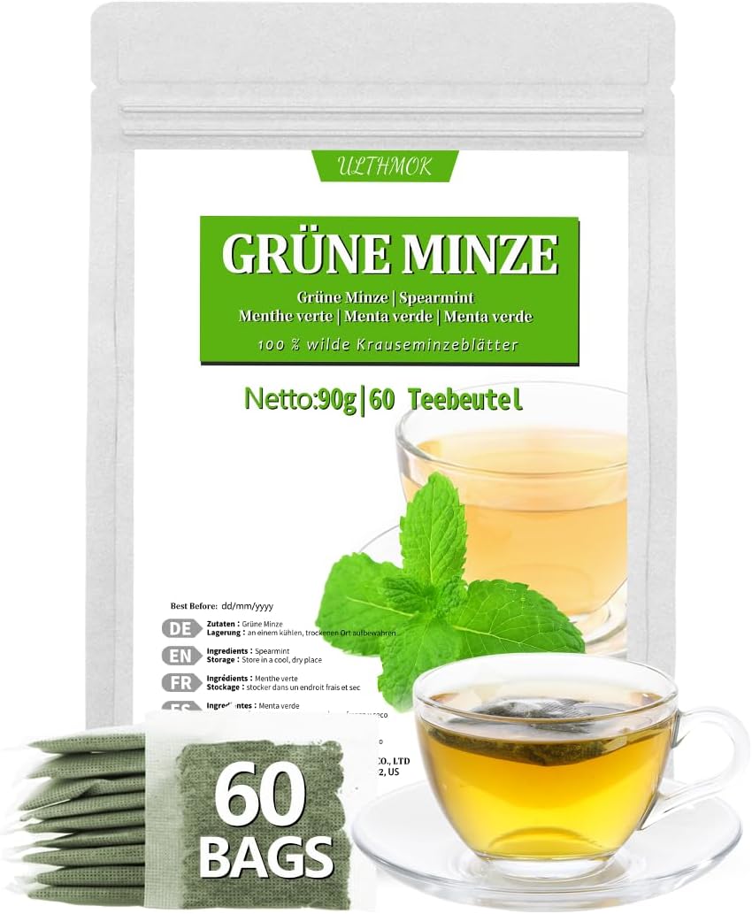 Detalle de ULTHMOK Premium Spearmint örtte, 60 tepåsar – koffeinfritt utan tillsatser