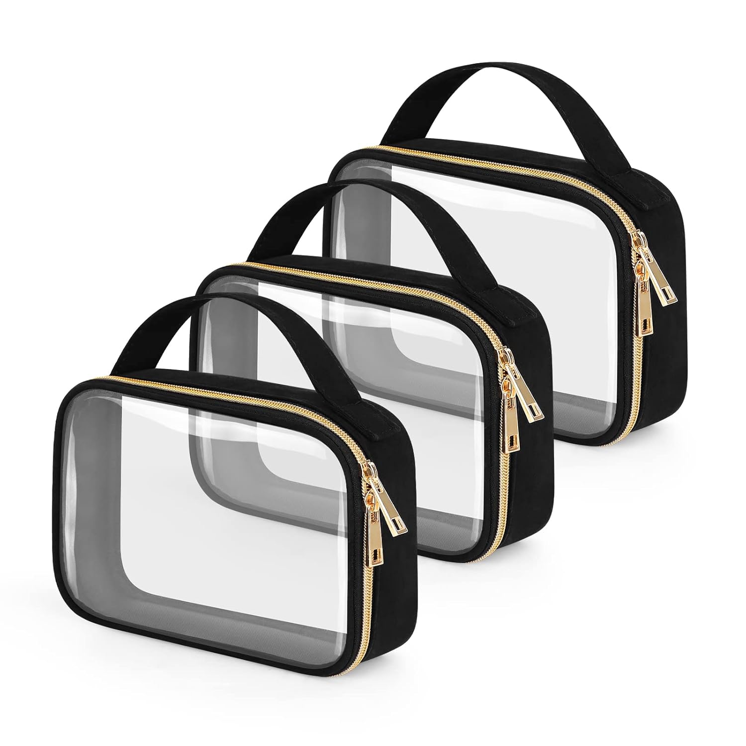 Detalle de Wedama TSA Approved Clear Toiletry Bag (3-Pack) – Quart-Size PVC Travel Makeup & Carry-On Organizer, Black