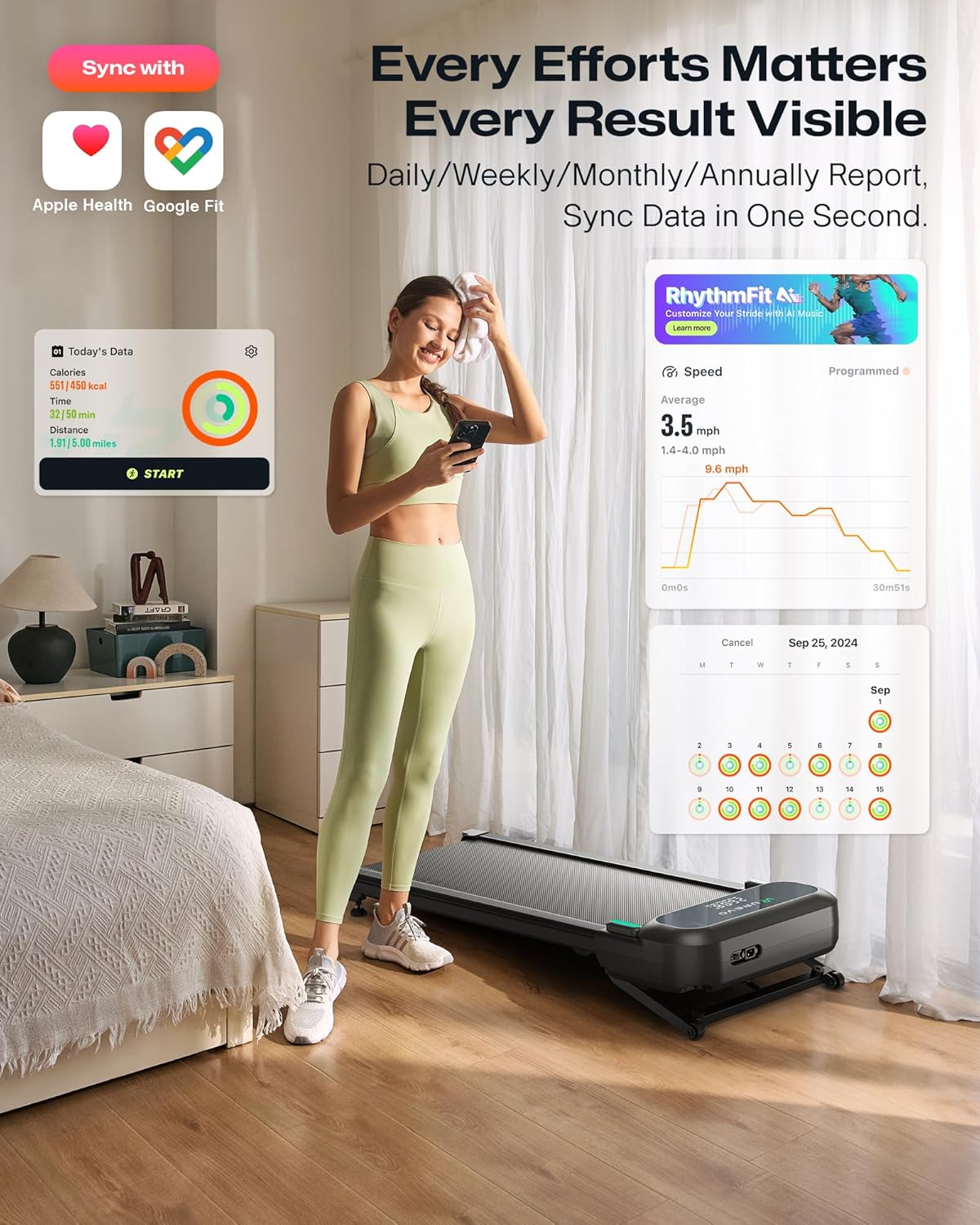 Detalle de UREVO Tapis de Course Inclinaison Automatique à 9% – Marche et randonnée à domicile, avec entraînements HIIT et IA