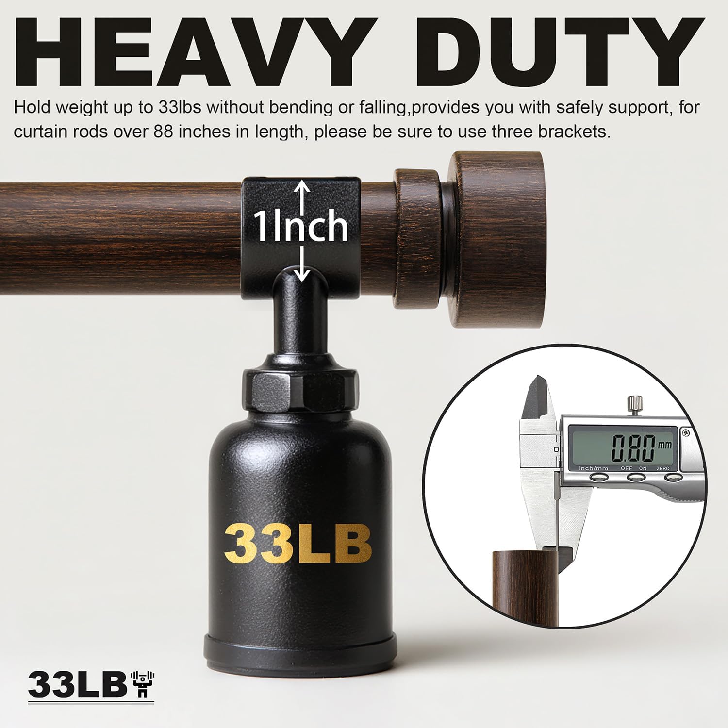 Thumbnail 4 de Lootkell 2 Pack Deep Walnut Wood Curtain Rods, 1" Diameter, Adjustable 32–88" (48–84" Window Range)