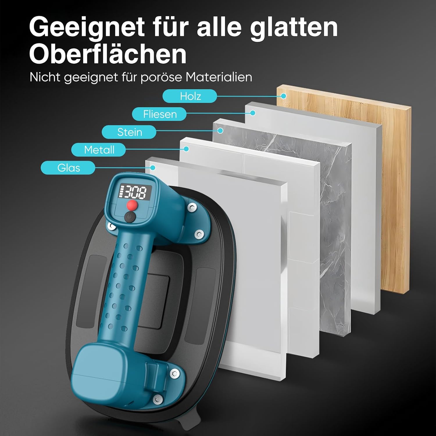 Detalle 2 de Akku Saugheber mit 300-kg-Tragkraft, LCD-Anzeige & 4.000-mAh-Akku (2er-Set, 10" Saugnäpfe)