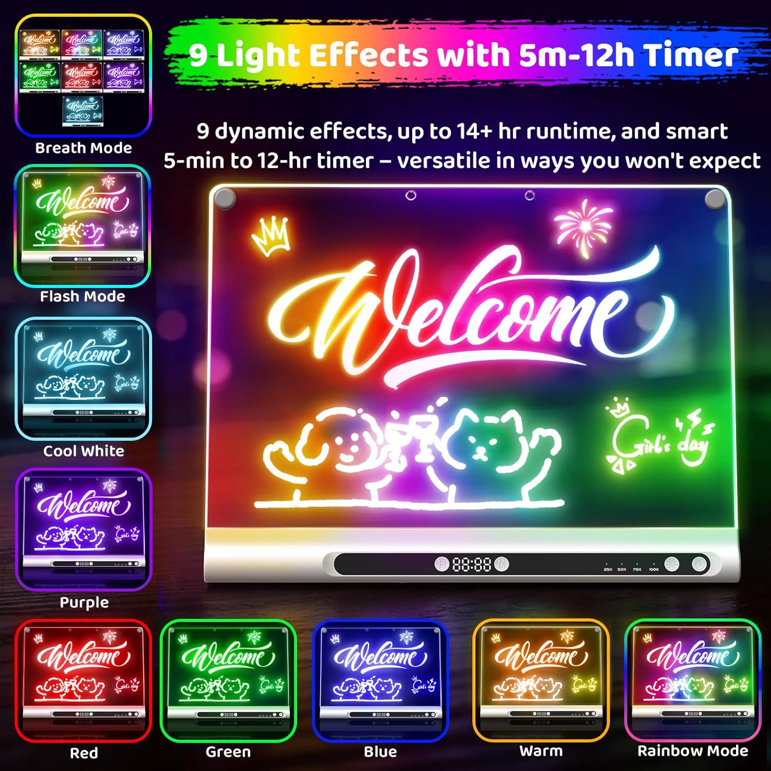 Detalle 2 de Geokay 16-Inch Rechargeable LED Drawing Board with 9-Color Lights and Built-In Stand