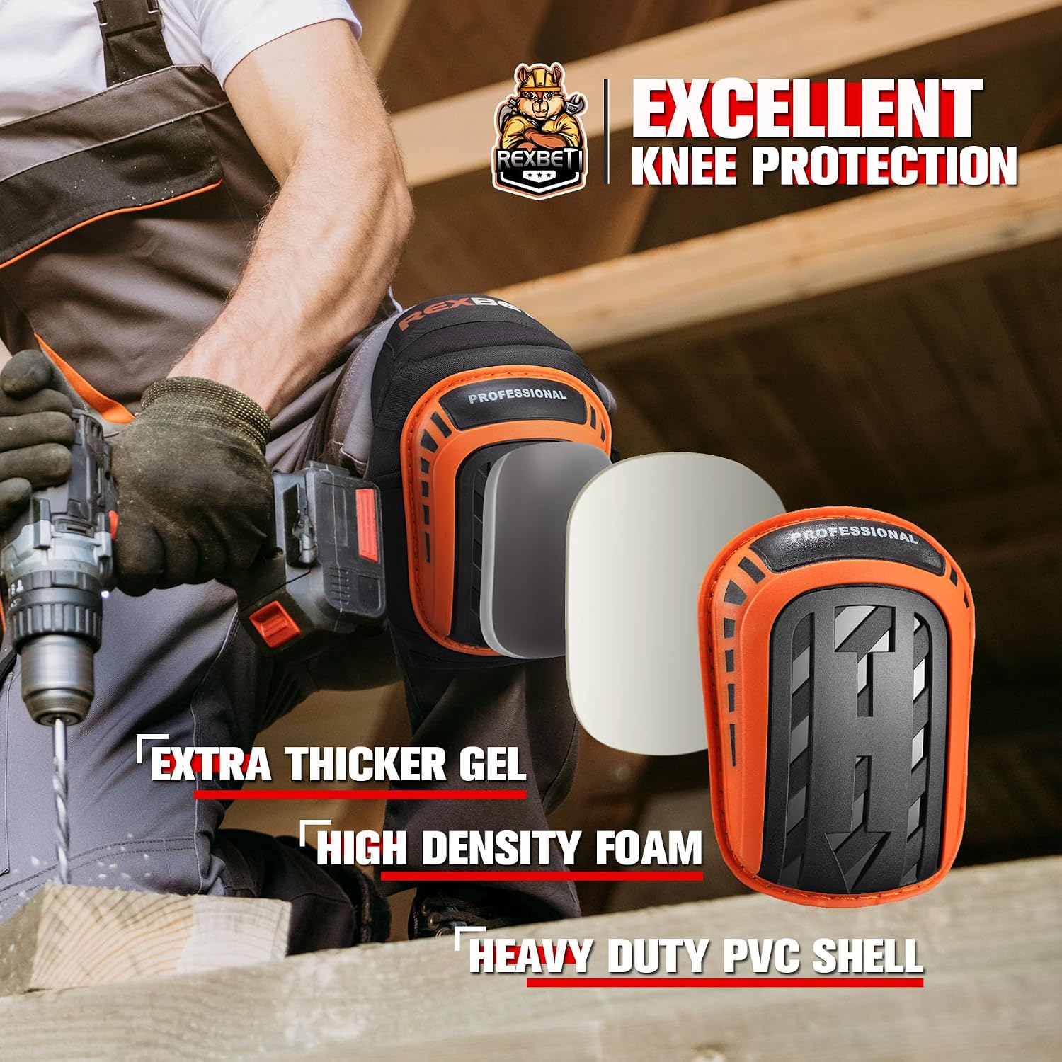 Detalle de REXBETI Anti-Slip Construction Knee Pads with Gel and Foam Cushioning