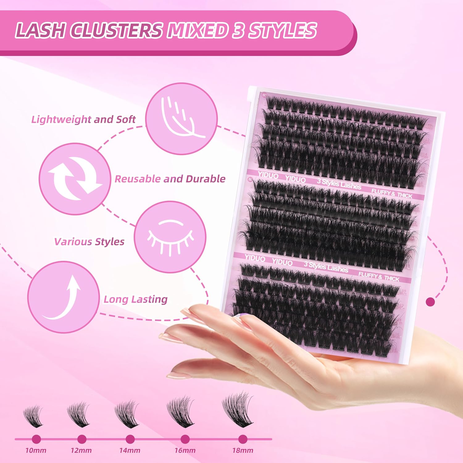 Detalle 2 de YIDUO Volume Lash Clusters Kit, 255 Clusters in 3 Styles with Bond and Seal