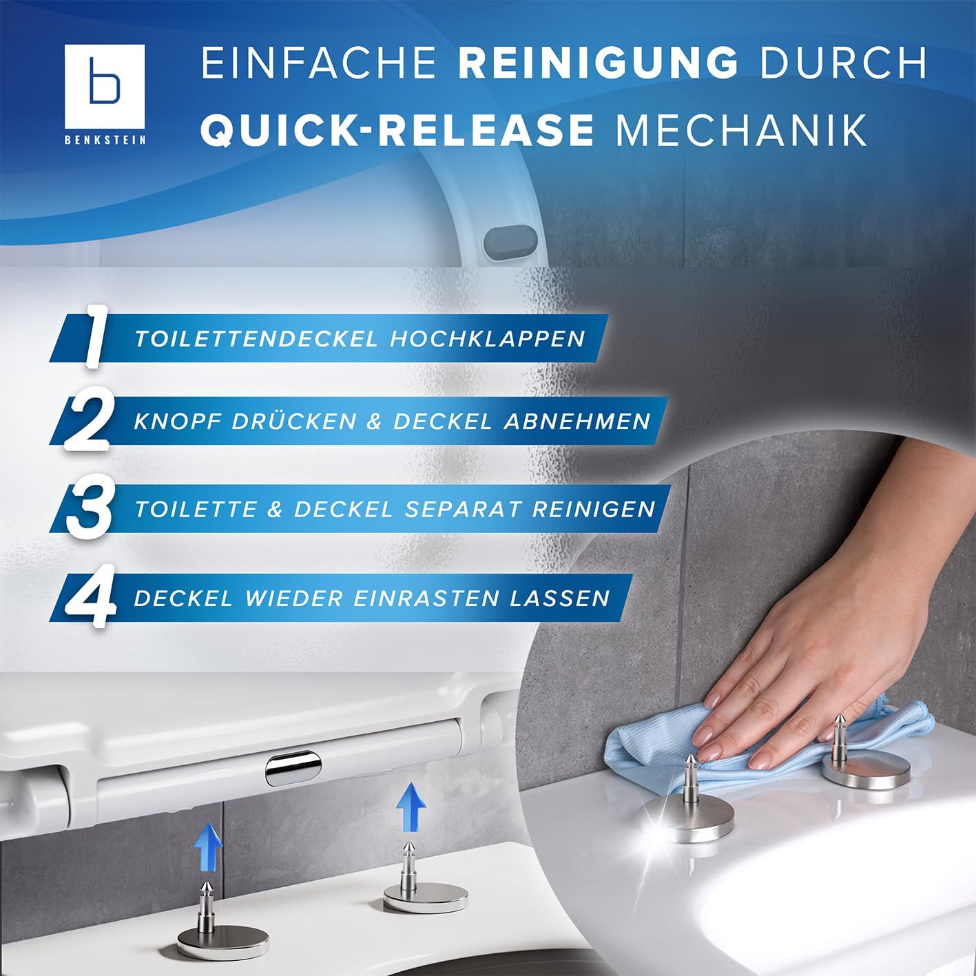 Thumbnail 6 de Benkstein® Premium Toilettendeckel antibakteriell (D-Form) weiß mit Quick-Release & Softclose – 36 x 42,5 cm