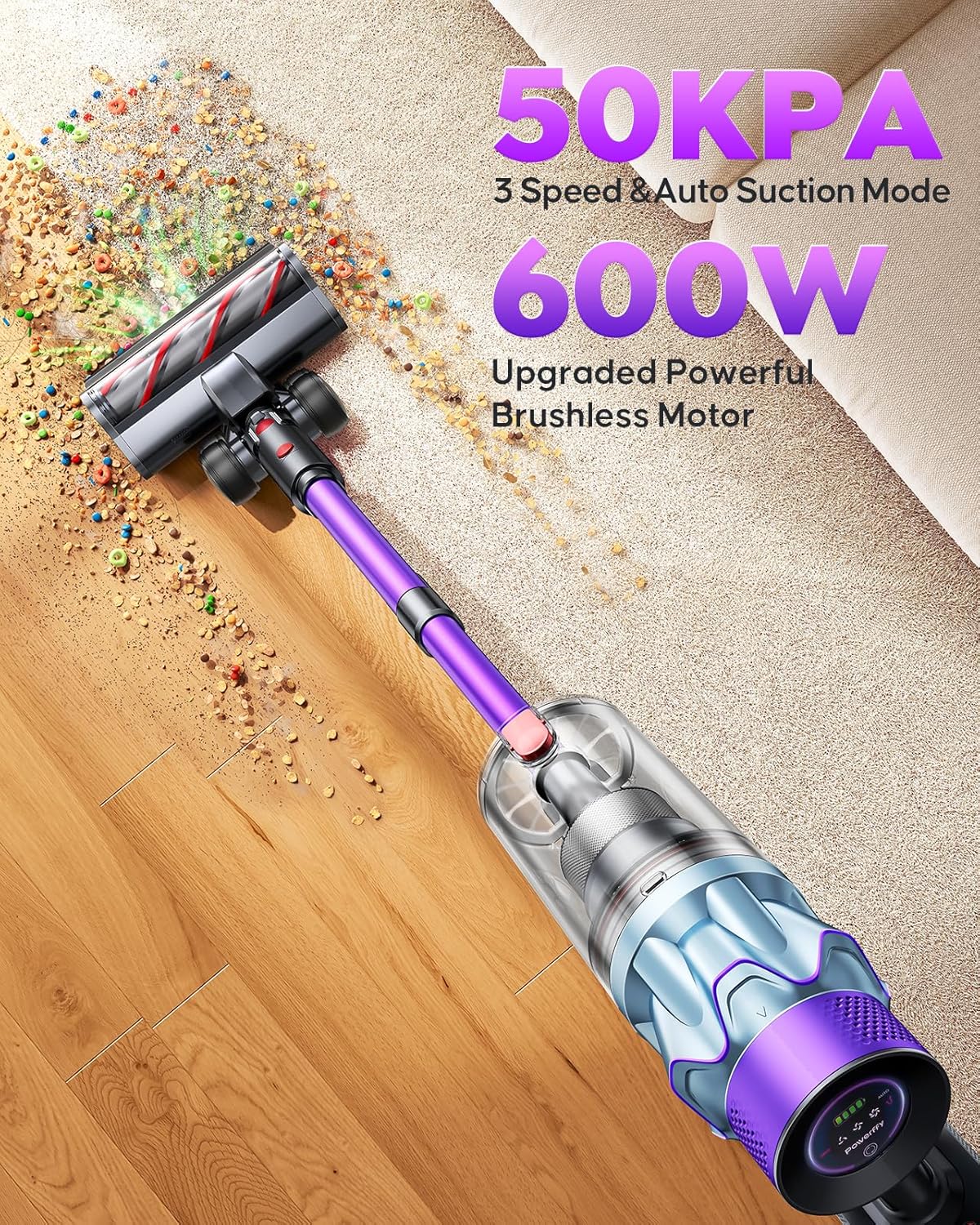 Detalle de Powerffy Cordless Vacuum Cleaner: 600W, 50KPa Suction and 65-Minute Runtime
