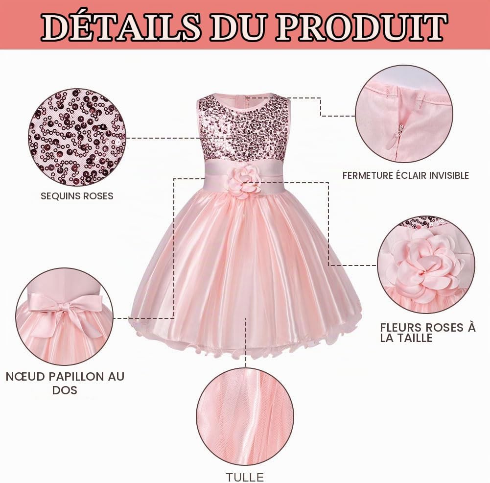 Detalle de AOMIG 4125310 prinsessenjurk voor meisjes, roze tule met bloemen en pailletten