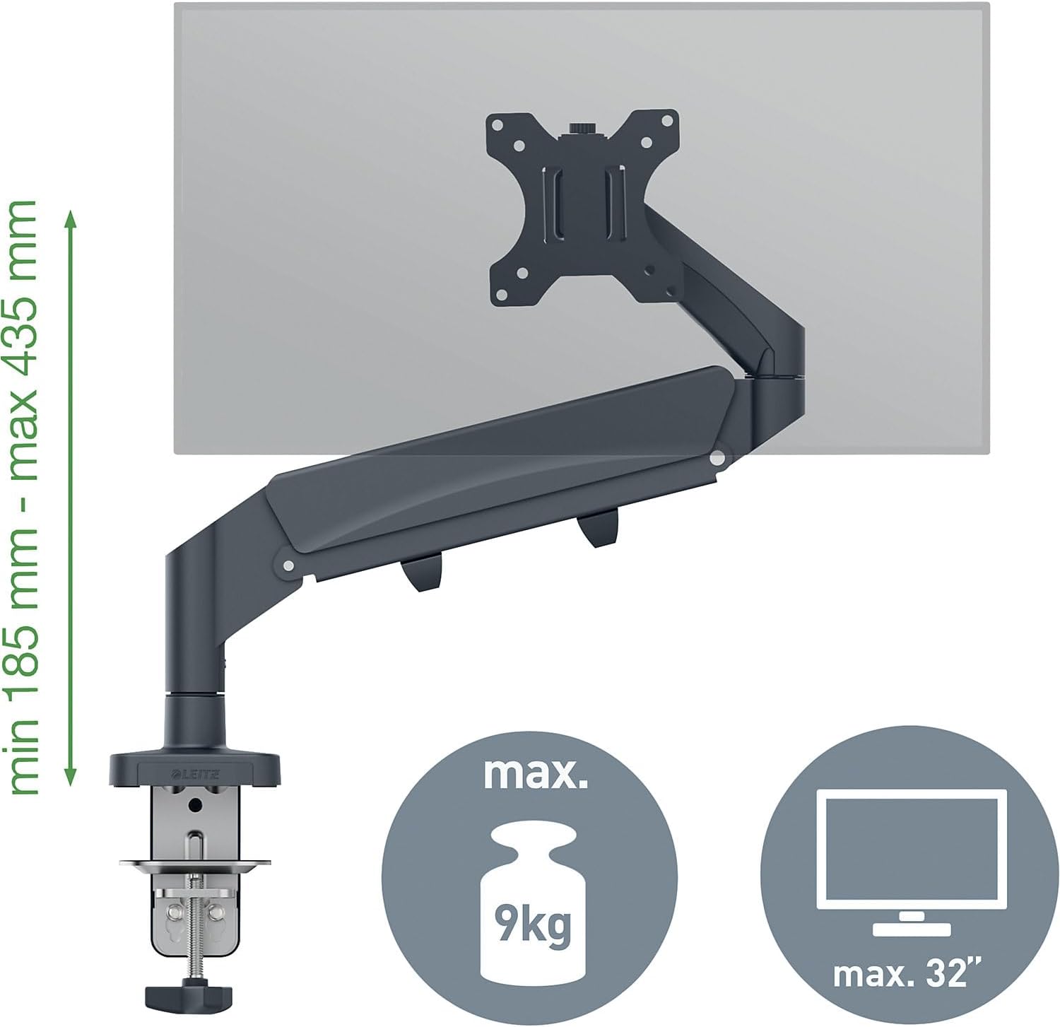 Detalle de Leitz Ergo Braccio Singolo per Monitor a molla – supporto fino a 32'', 9 kg, grigio scuro