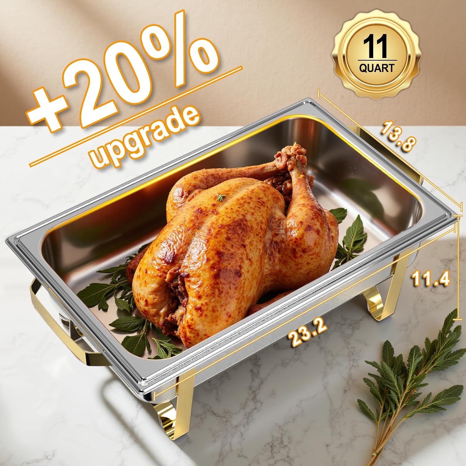 Detalle 2 de Chafing Dishes for Buffet 4 Pack, 11QT Square Stainless Steel Food Warmers with Gold & Silver Accents