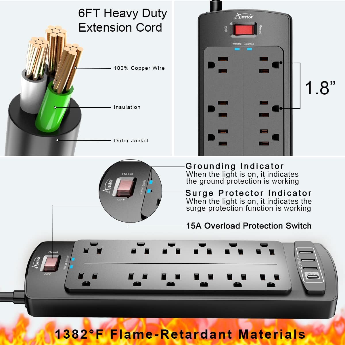 Thumbnail 4 de ALestor 6 Ft Surge Protector Power Strip with 12 Outlets and 4 USB Ports