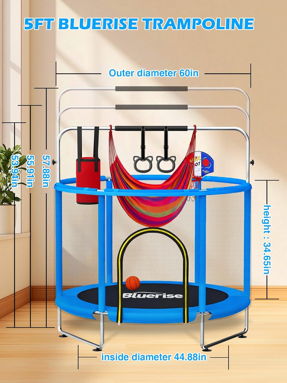 Detalle de BLUERISE 60" Trampoline for Kids with Adjustable Gymnastics Bar & Safety Net
