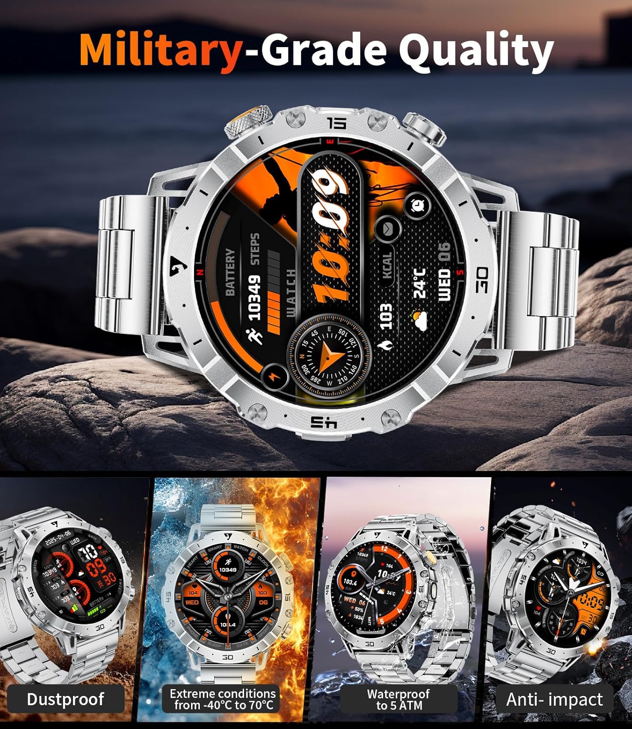 Detalle de SUNKTA Military Smart Watch for Men (1000mAh) – 1.7" HD Bluetooth Fitness Tracker with Dual Charging