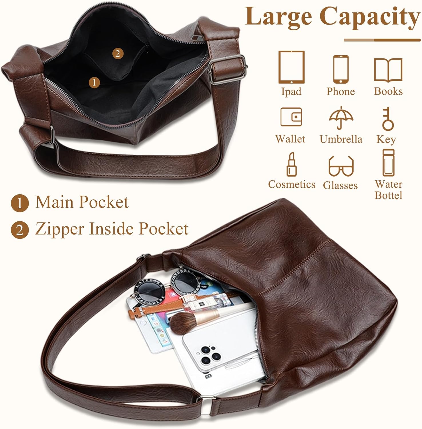 Thumbnail 4 de Mabecol Damen Umhängetasche aus PU-Leder – Hobo/Shopper mit verstellbarem Schultergurt und Innenfächern