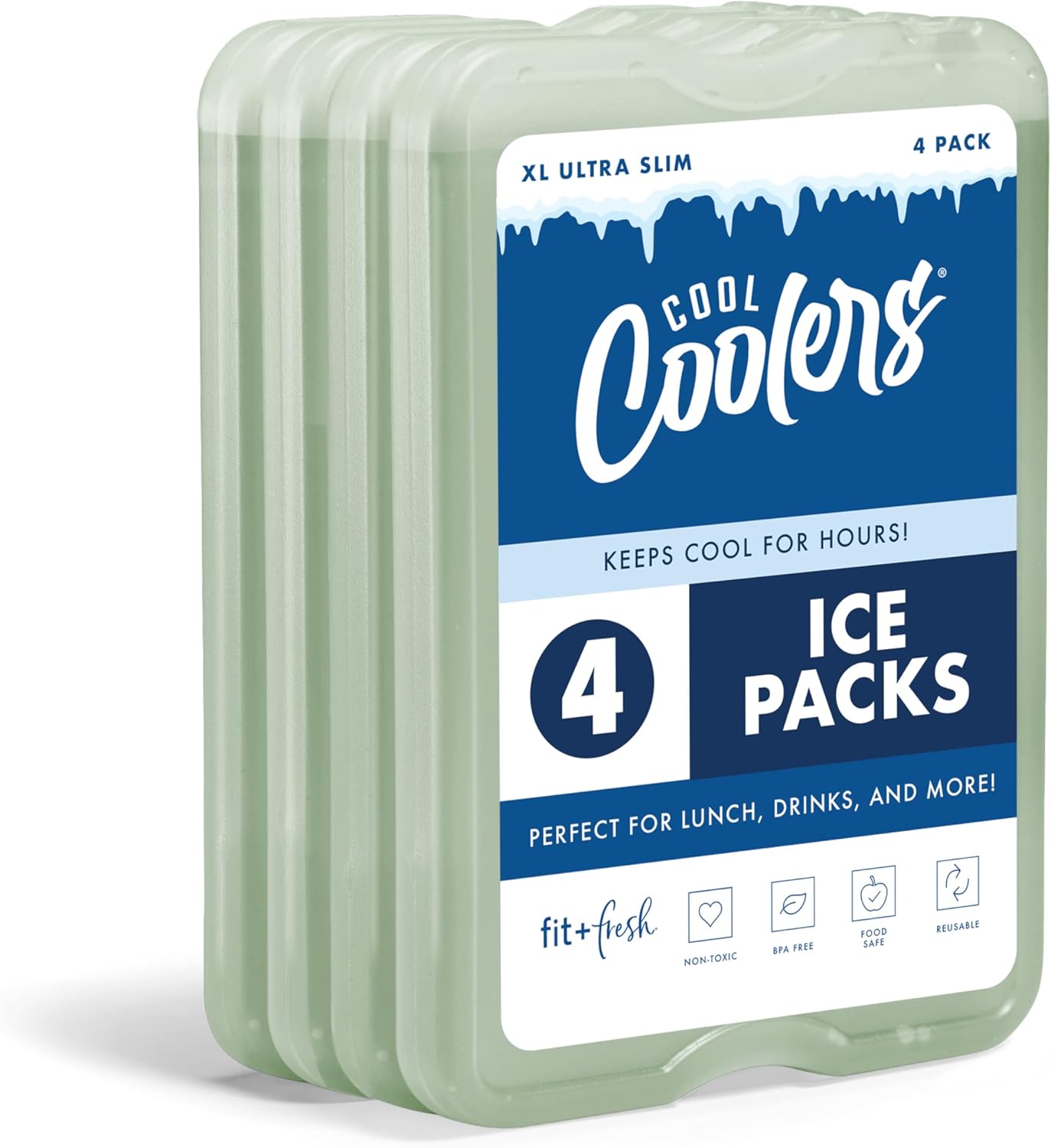 Fit & Fresh Cool Coolers XL Slim Ice Packs (4-Pack), Quick Freeze Reusable Lunch Cooler Ice Packs, Sage