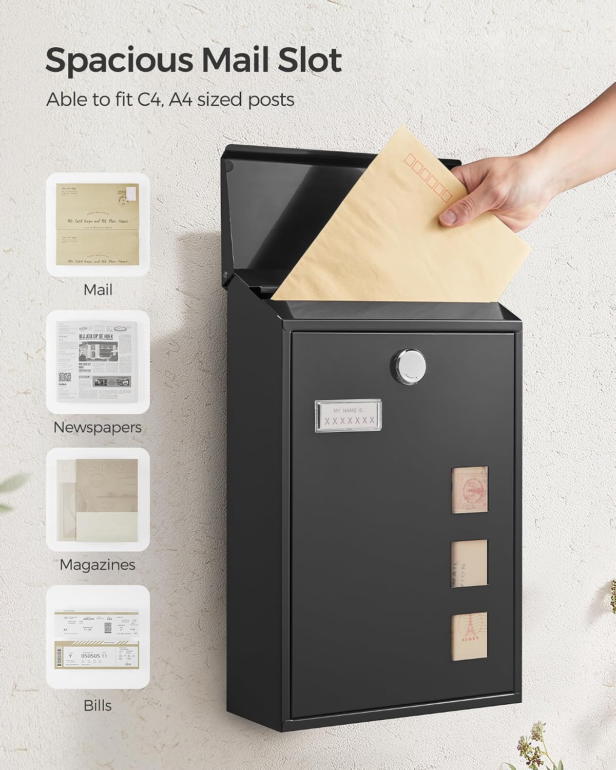 Detalle de SONGMICS GMB031B02 modern wall-mounted post box with viewing windows, nameplate and lock