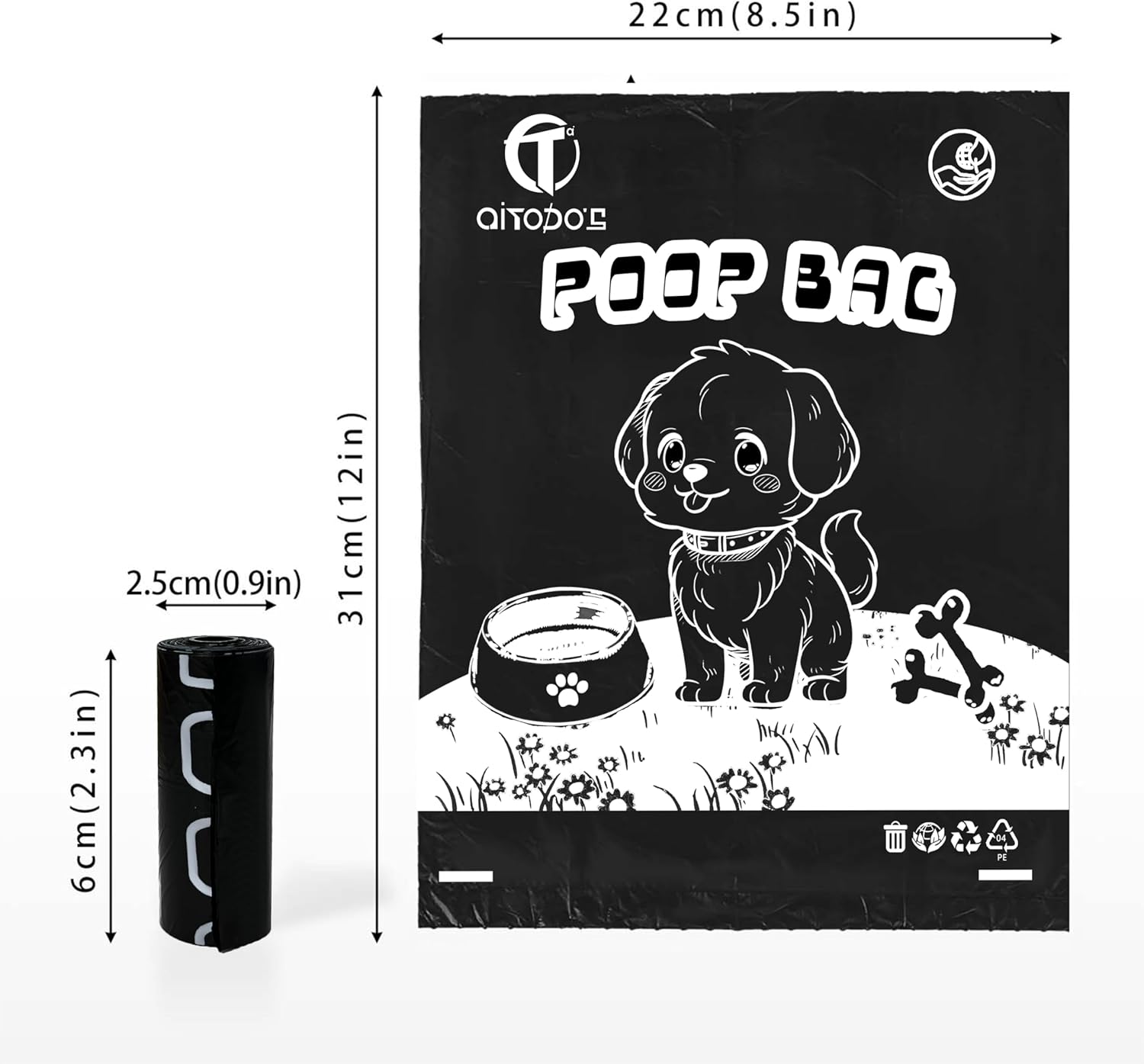 Thumbnail 1 de AiTodos® 1080 sacs à crottes pour chien, noir – 31 x 23 cm, lot économique 72 rouleaux