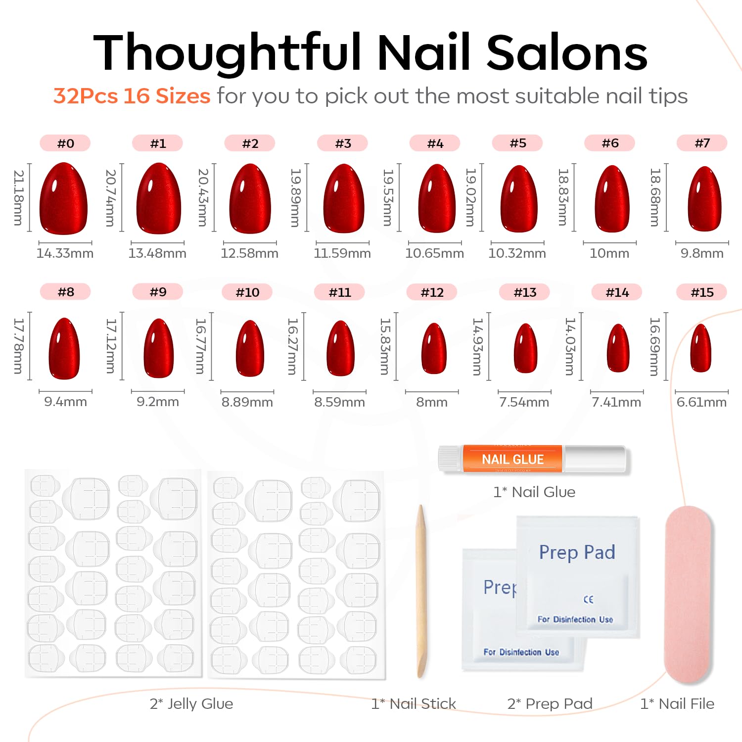 Thumbnail 2 de Modelones Red Cat Eye Almond Press-On Nails, Short Reusable Kit, 32 Pieces