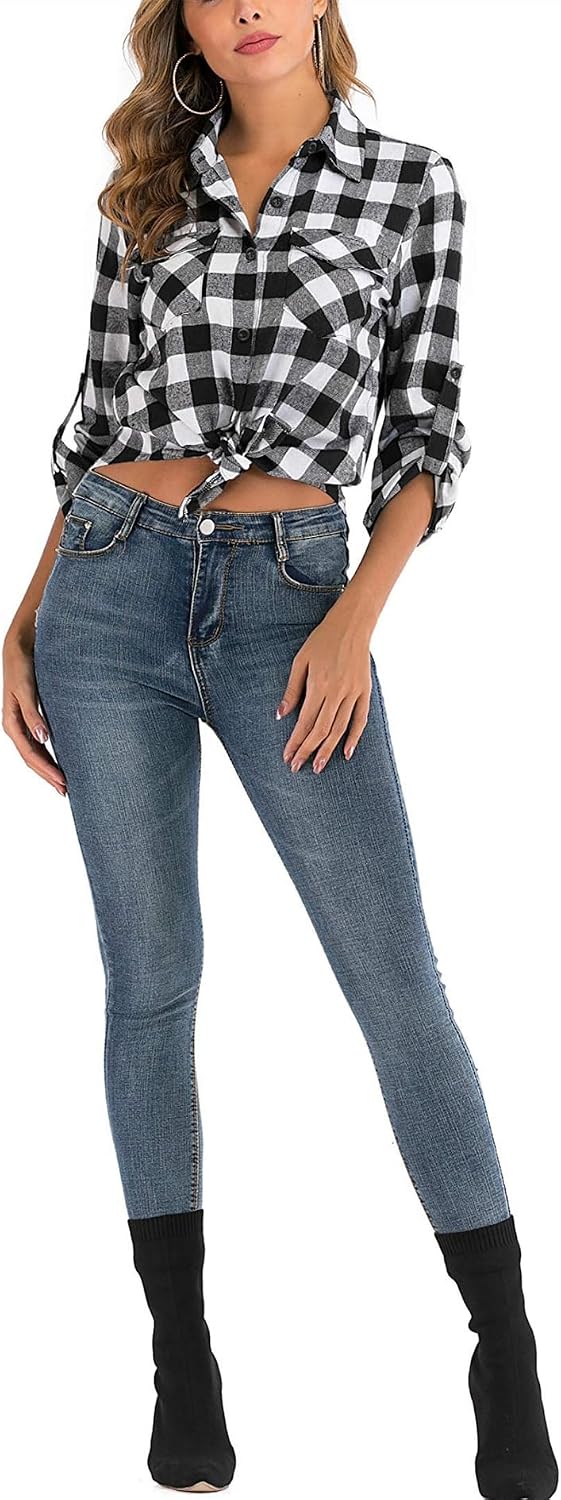Thumbnail 6 de Yukiuiny Women's Flannel Plaid Shirt – 100% Cotton, Long Sleeve, Casual Button-Down Top