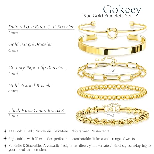 Detalle de Gokeey Gold Cuff Bracelets for Women – 14K Gold Plated, Stackable Beaded & Infinity Rope Jewelry Set