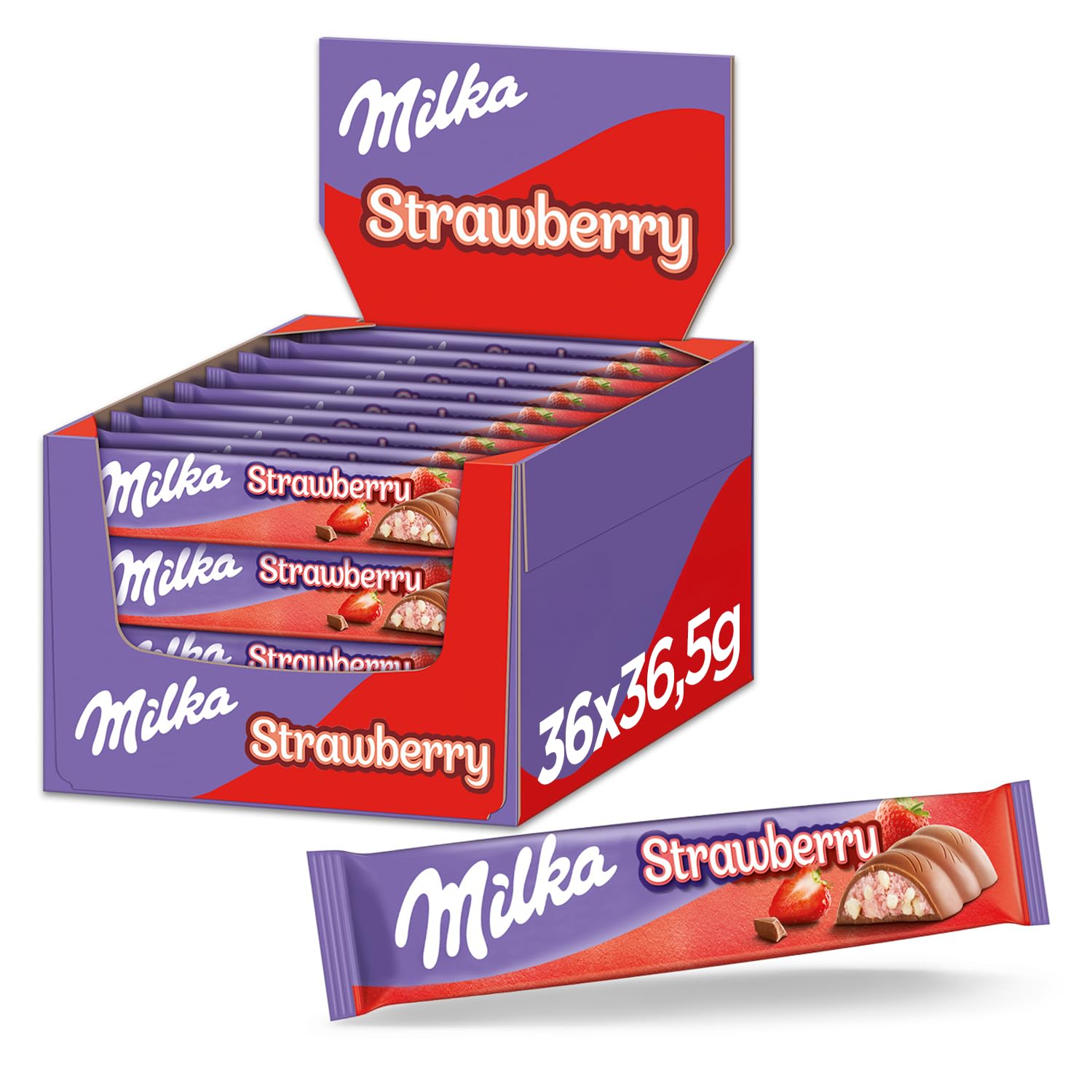 Milka Choco Erdbeer Riegel – Alpenmilch-Schokolade mit Erdbeer-Milchcrème & Crispies (36 x 36,5 g)