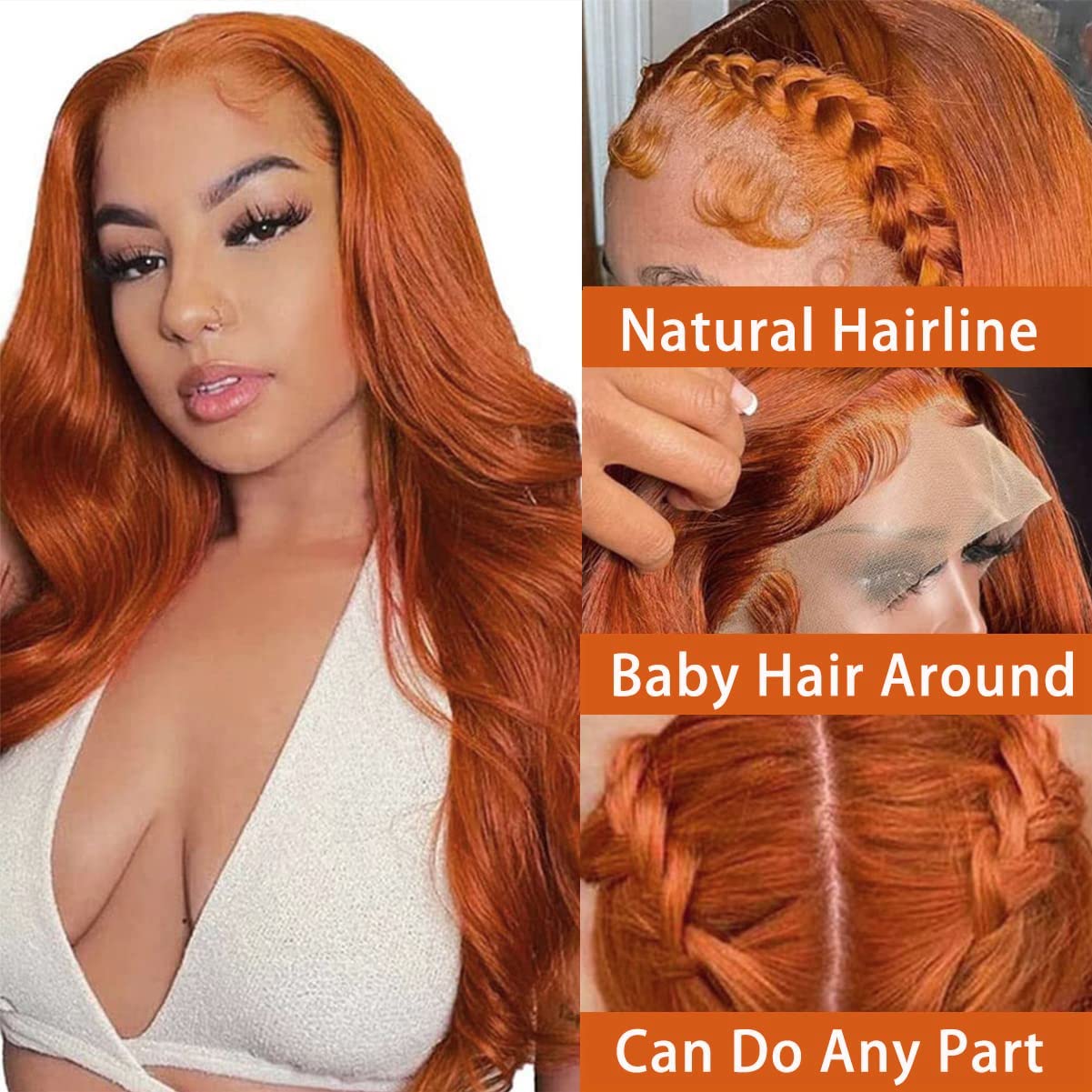 Detalle de 13X4 Dark Ginger Lace Front Wig (Human Hair, Body Wave) — 18 inch, Copper Brown Color, Glueless
