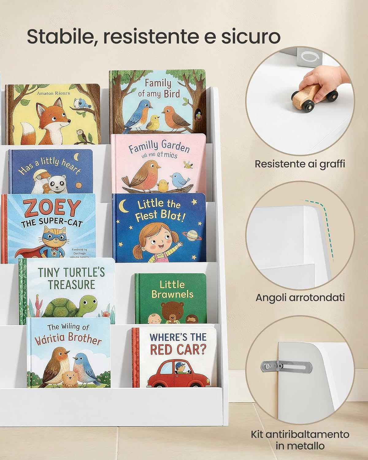 Detalle de Libreria per bambini SONGMICS Montessoriana a 5 ripiani, bianco nuvola GKR076WZ01