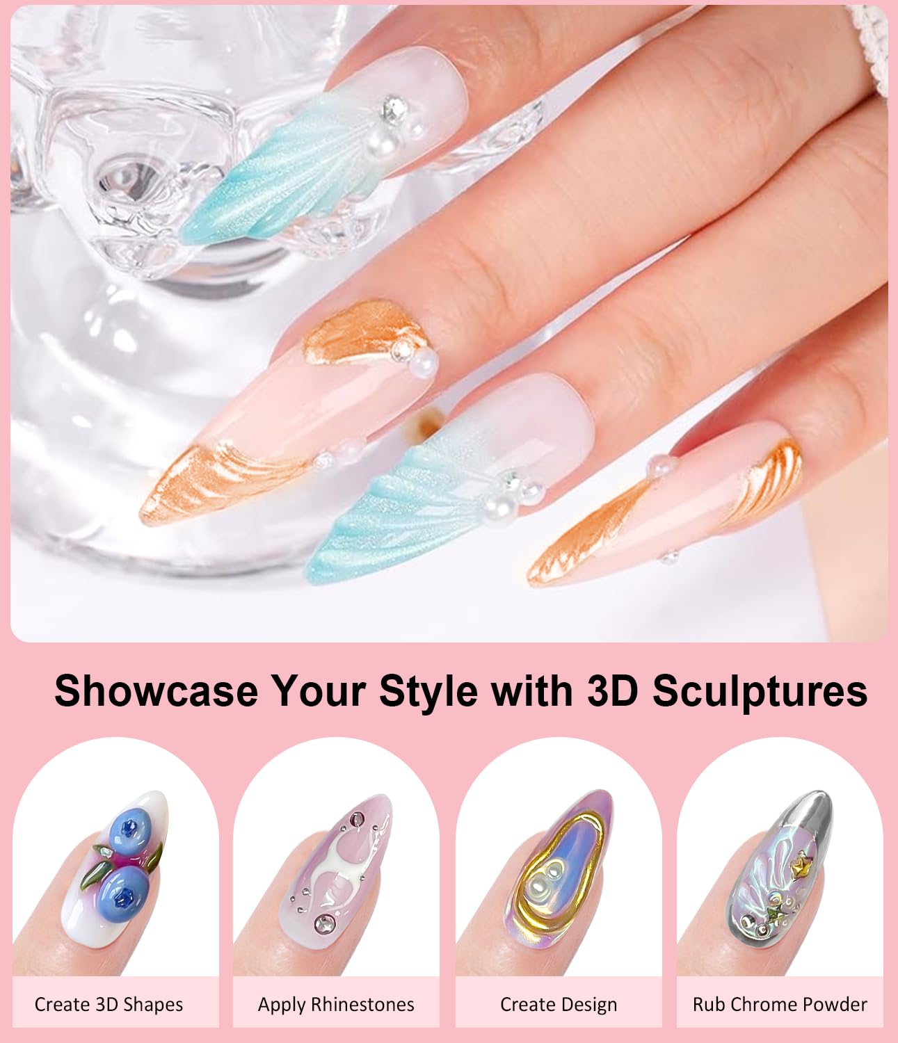 Thumbnail 2 de BISHENGYF Multifunktions 3D Nail Gel (No Wipe) & Laser Pink Chrome Pulver Set – 15 g mit 6x Chrome Nail Powder