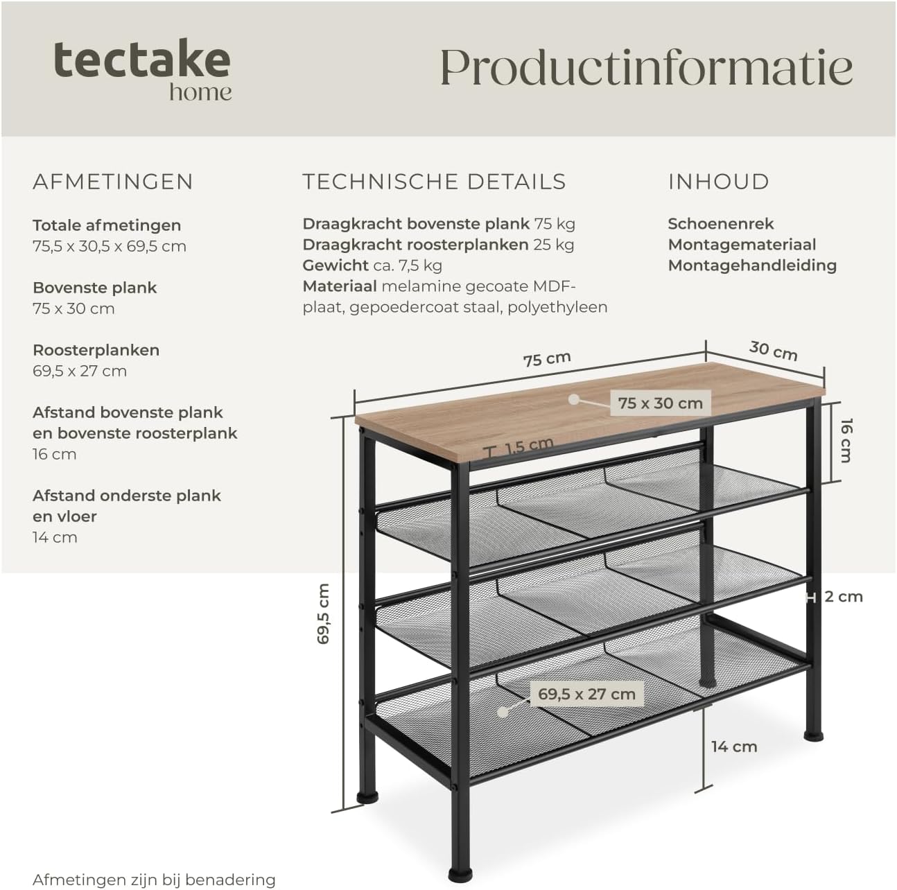 Detalle de tectake Wolverhampton 404284 schoenenrek, industrieel licht eiken, 3 roosters