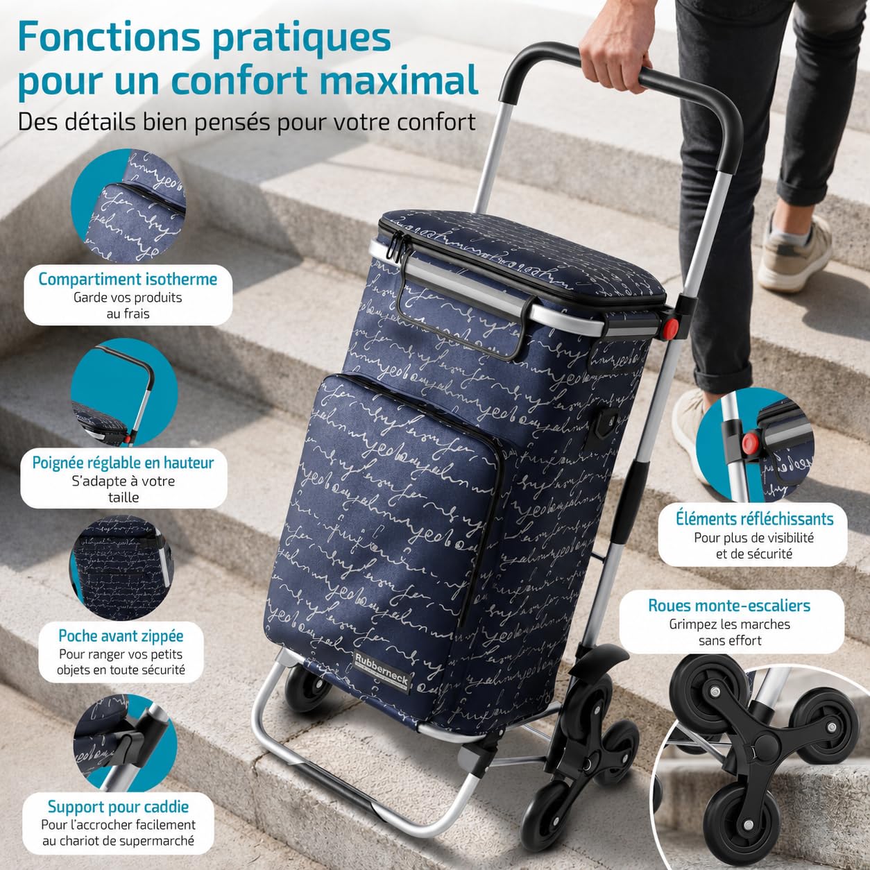 Detalle de Chariot de Courses Rubberneck Capacité 44L – Pliable, Isotherme, Bleu