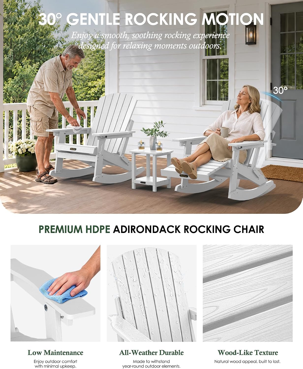 Detalle 1 de SUUNYN 4-in-1 Rocking Adirondack Chair with Footrest, White HDPE