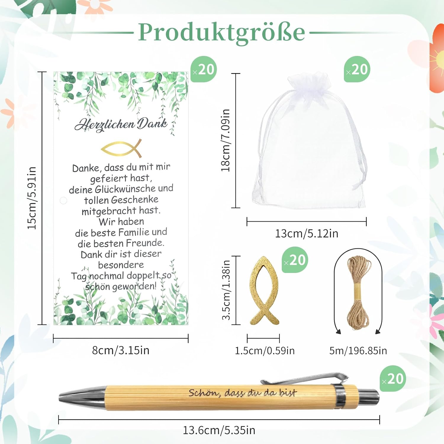 Detalle de Gastgeschenke Kommunion: 20er Set Bambus-Holz-Kugelschreiber mit Dankeskarte, Holzfisch & Organzabeutel