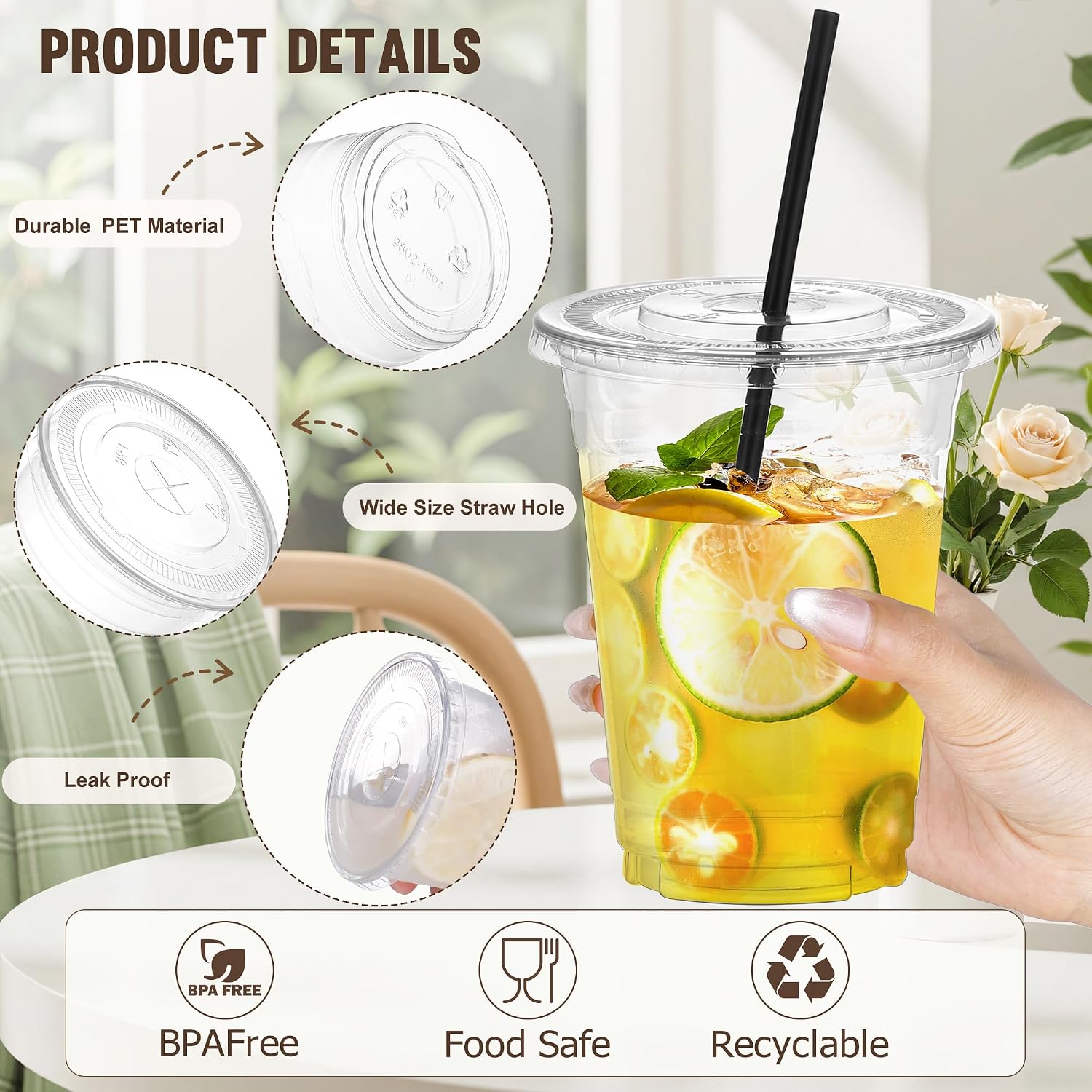 Detalle de DI QIU REN 16 oz Clear PET Cups with Flat Lids and Black Straws, 100 Count