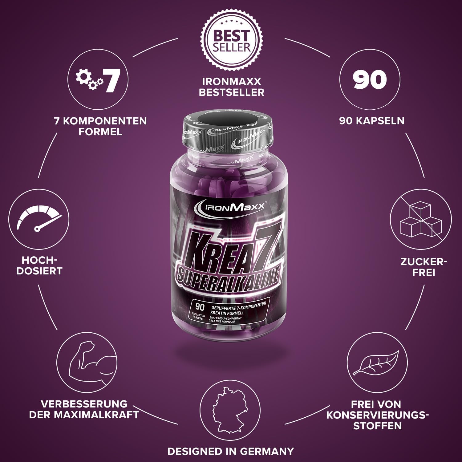 Detalle de IronMaxx Krea7 Superalkaline 90 Tabletten – Kreatin-Komplex mit sieben Arten