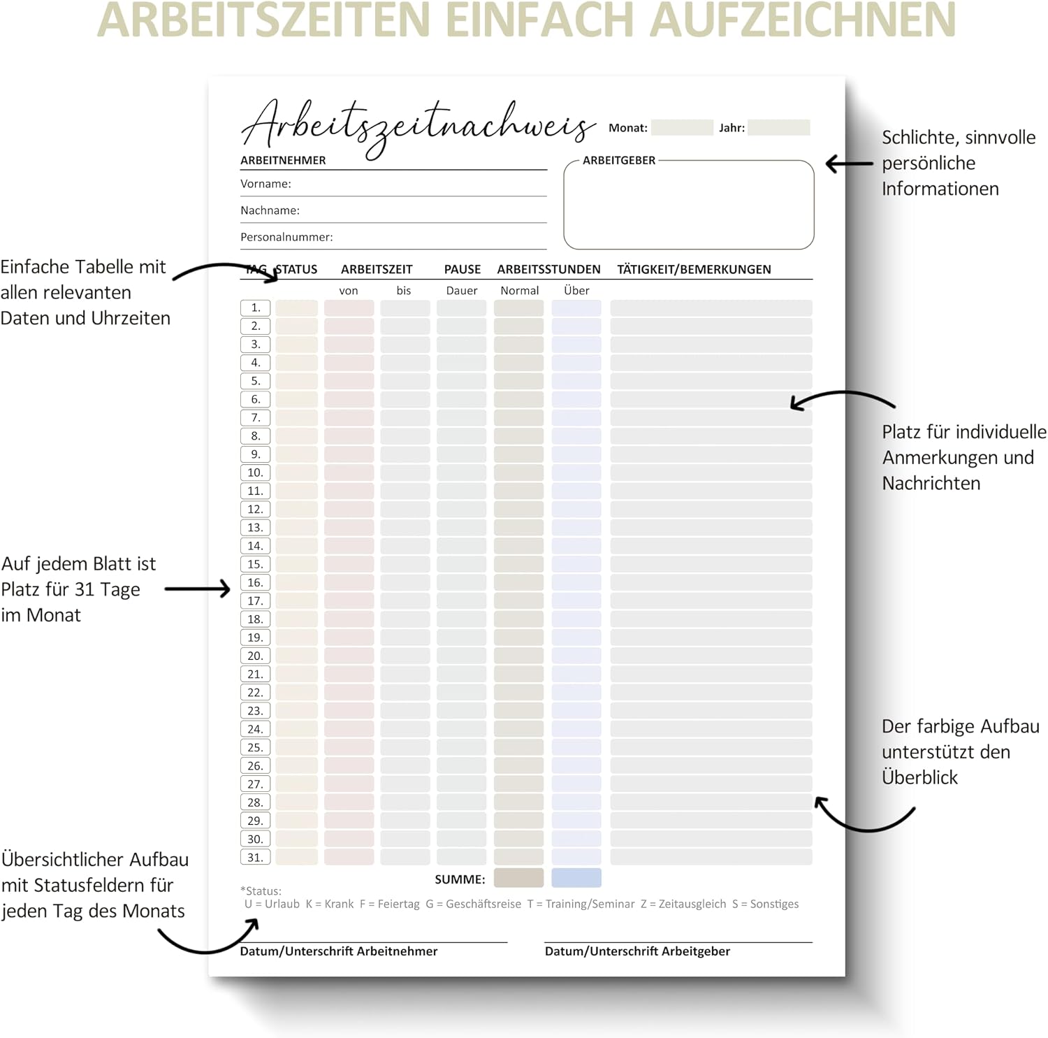 Thumbnail 1 de BIROYAL Stundenbuch für Arbeit – Stundennachweis im DIN A4-Block, 31 Tage pro Blatt, monatliche Zeiterfassung