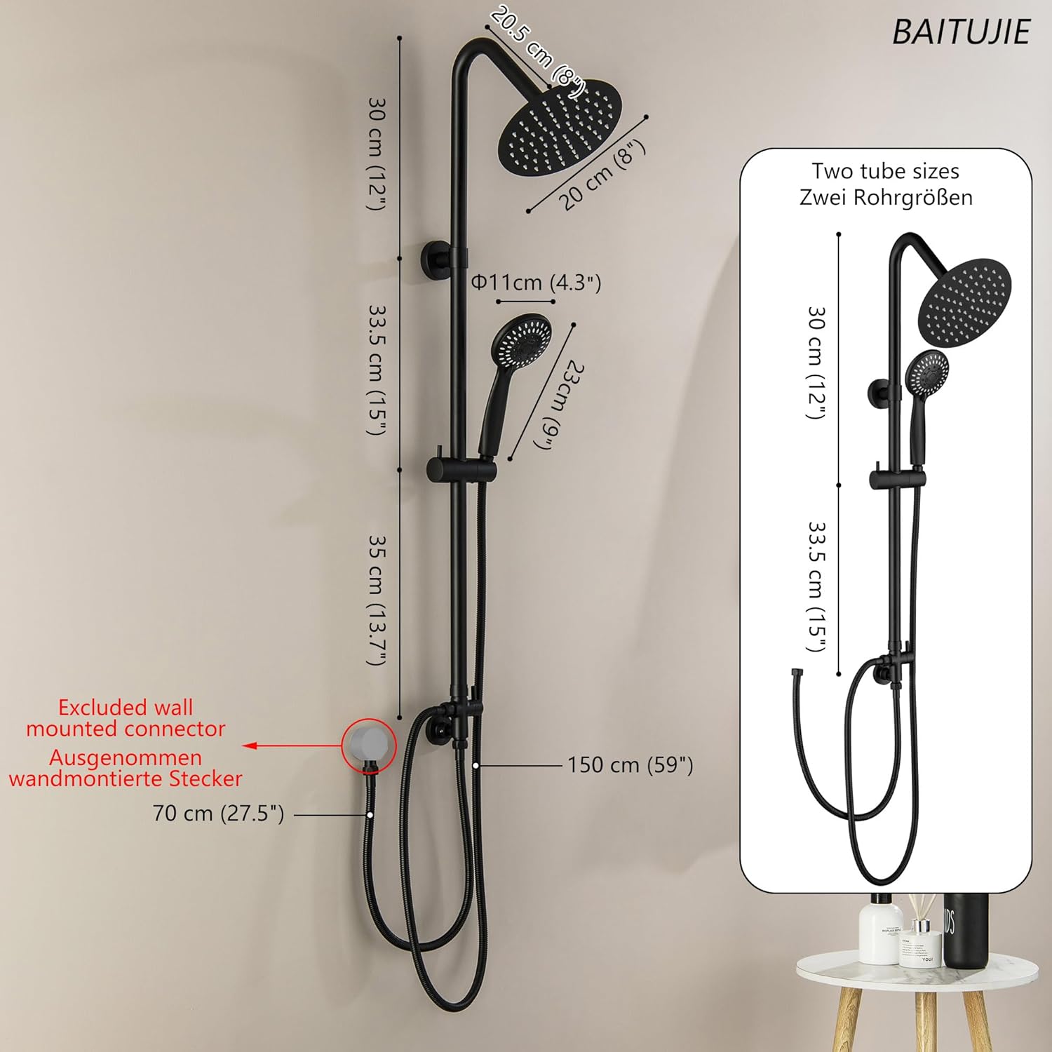 Thumbnail 4 de BAITUJIE Duschset schwarz – 2 in 1 Duschsystem mit großer Regendusche (20x20 cm) & Handbrause, komplettes Montageset