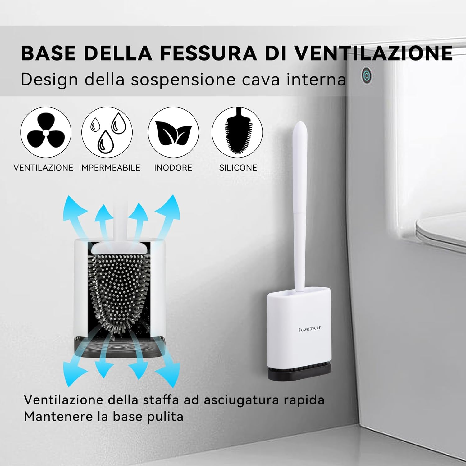 Detalle 2 de Fowooyeen Scopino WC in silicone con base ad asciugatura rapida e staffa, bianco opaco