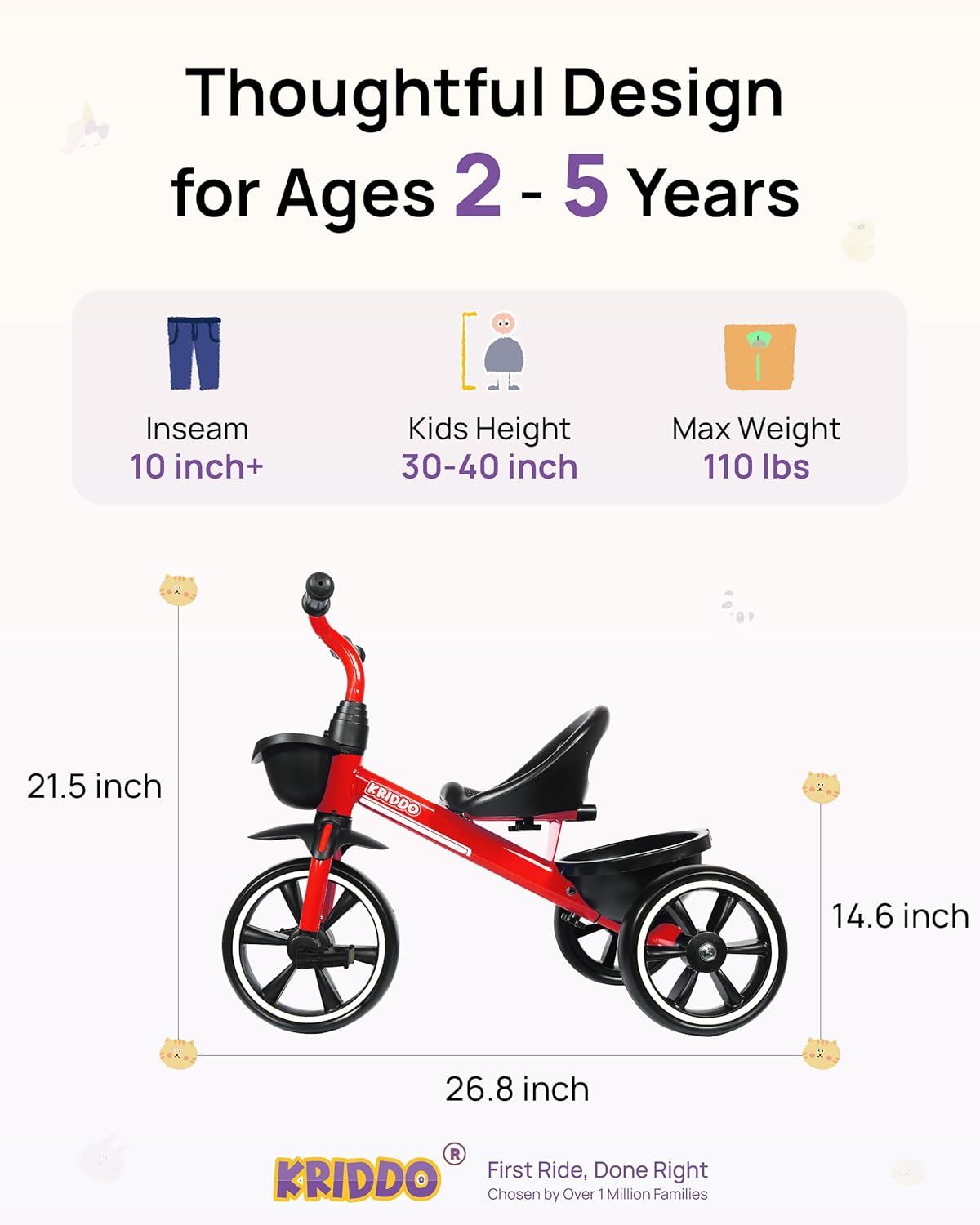 Thumbnail 2 de KRIDDO Kids Tricycle for 24 Months to 4 Years – Red