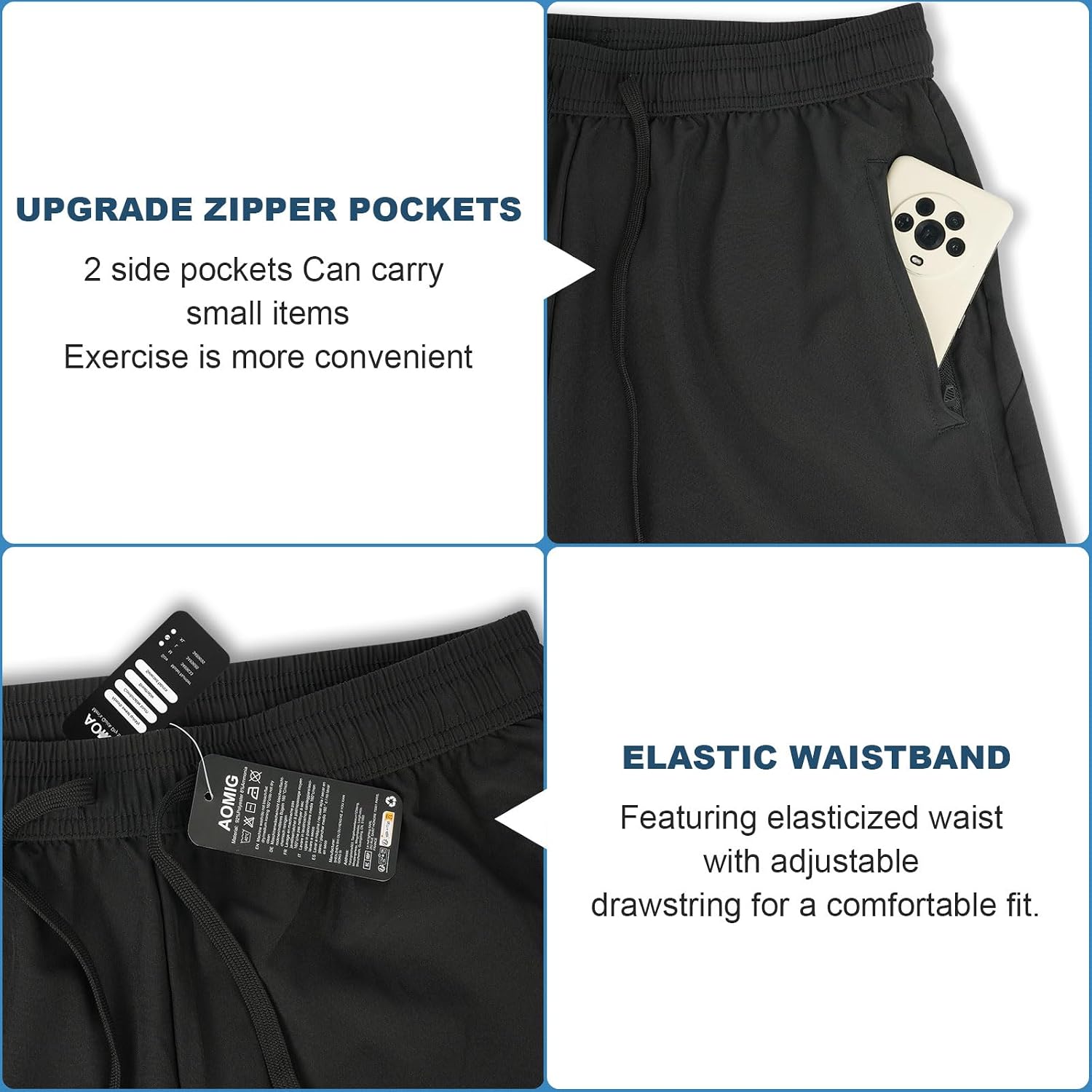 Detalle de Aomig Pantaloncini Uomo – Pantaloni Corti Sportivi con Tasche Zip e Asciugatura Rapida