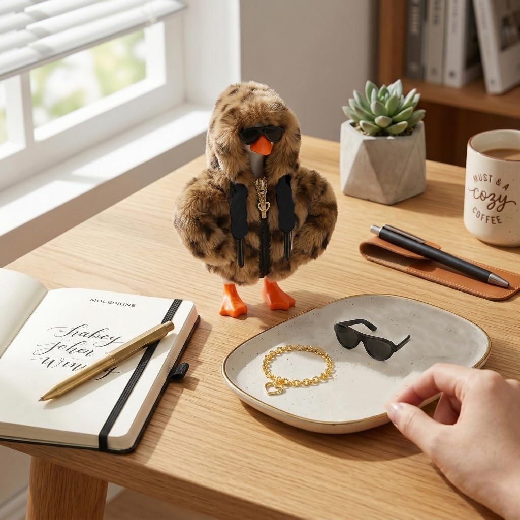 Thumbnail 6 de 7-Inch Desk Goose Outfit Set with Brown Leopard Fleece Hoodie, Sunglasses & Heart Necklace